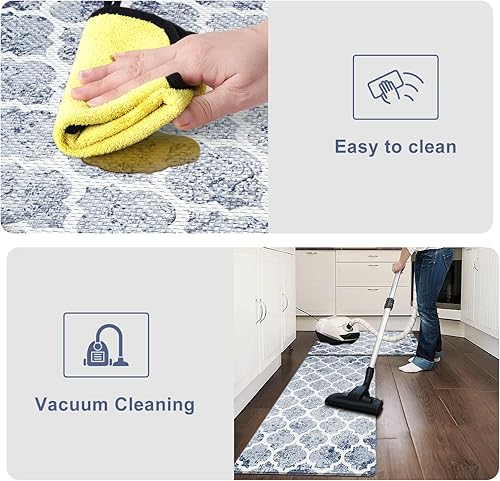 Miniatura 5 de KIMODE Juego de 2 tapetes de cocina antifatiga, color azul, tapetes de cocina marroquíes para piso, tapetes de cocina antideslizantes e