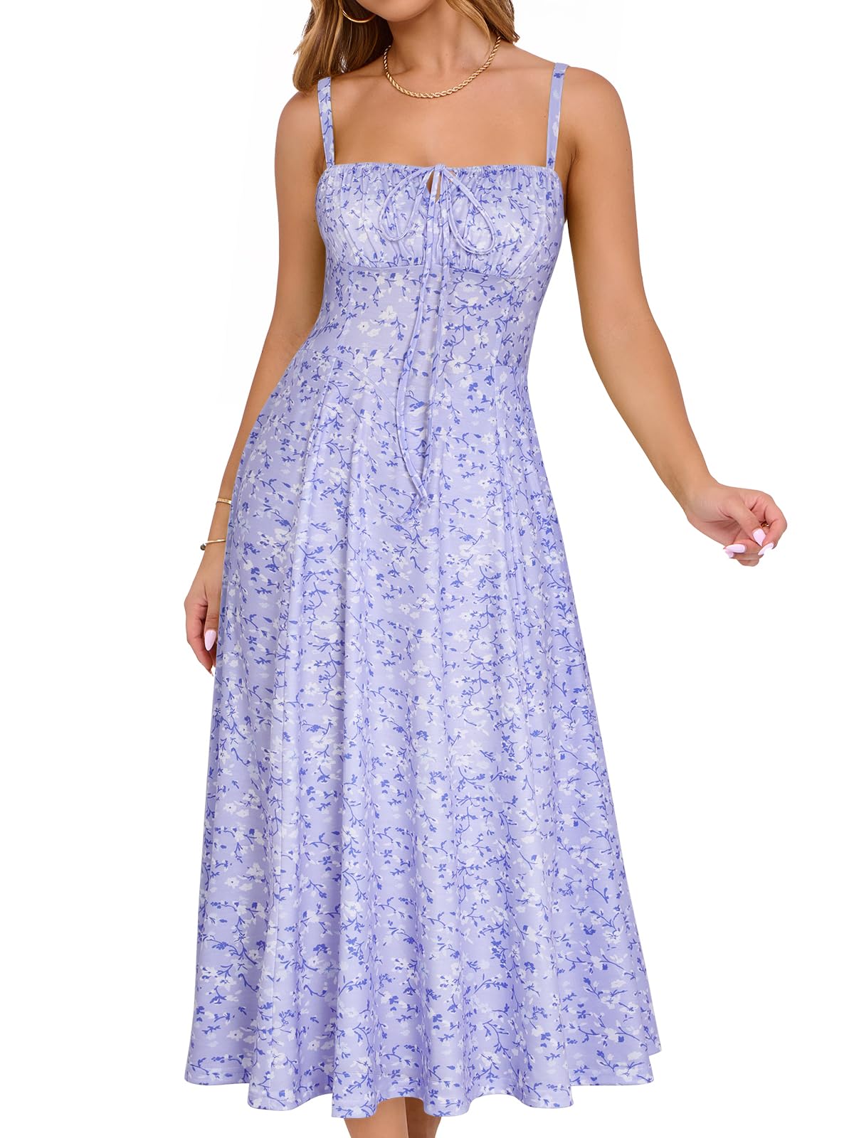 YATHON Women's Summer Midi Corset Boho Dresses Spring Casual Floral Spaghetti Straps Lace Up Dress Flowy Aline Beach Sundress