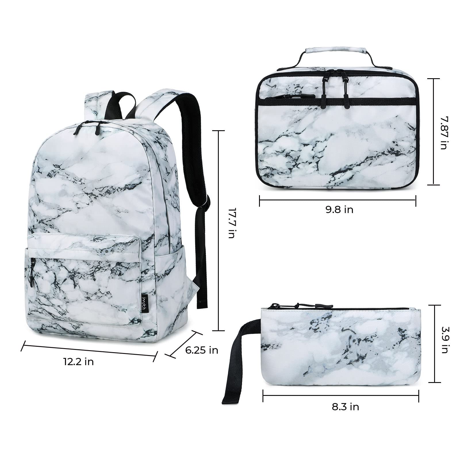 Imyth Mochila para adolescentes, regalo escolar, bolsa de almuerzo, bolsa de lápices, juego 3 en 1, Mármol Blanco, L, Escuela