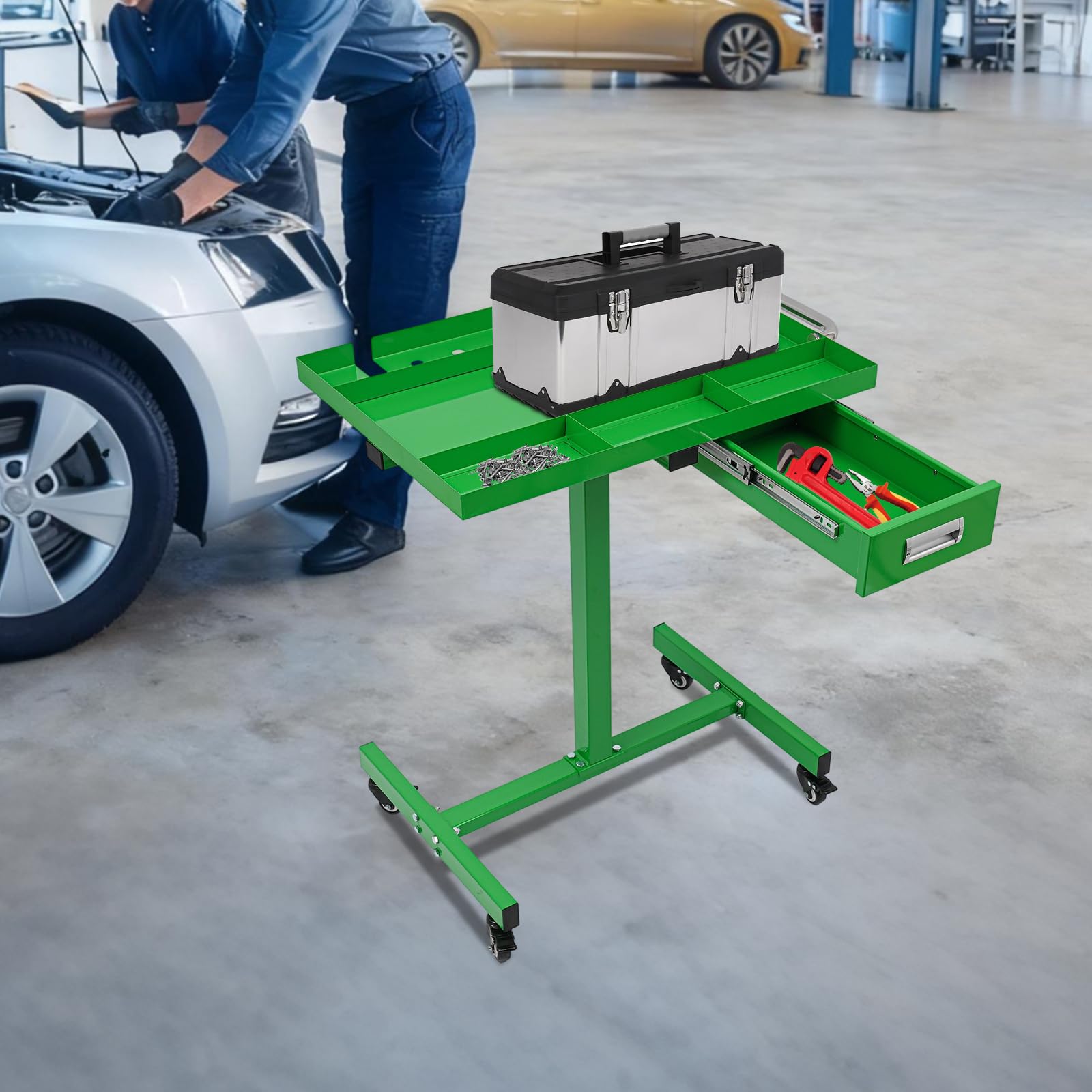 Carrello portautensili con cassetto e scomparti – Tavolo da lavoro mobile per garage e officina, portata 100 kg, 4 ruote freno, verde