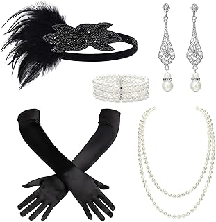 1920s Flapper Accessories Great Gatsby Costume Accessories 20s Flapper Headband Pearl Necklace Gloves Plastic Holder