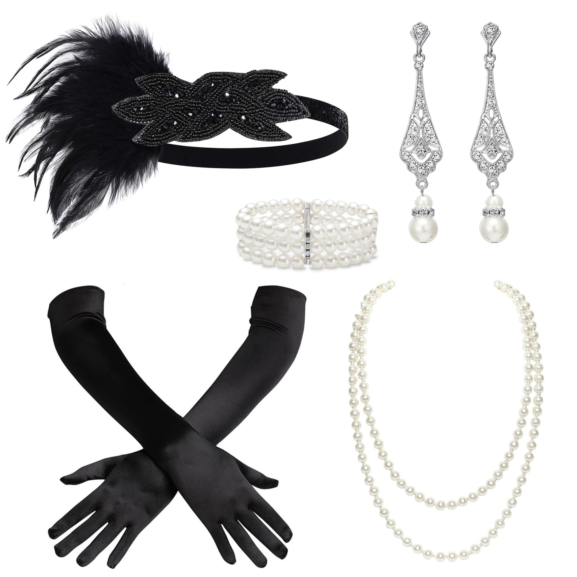 BABEYOND 1920s Flapper Accessories Great Gatsby Costume Accessories 20s Flapper Headband Pearl Necklace Gloves Plastic Holder, Black, One Size — image 1