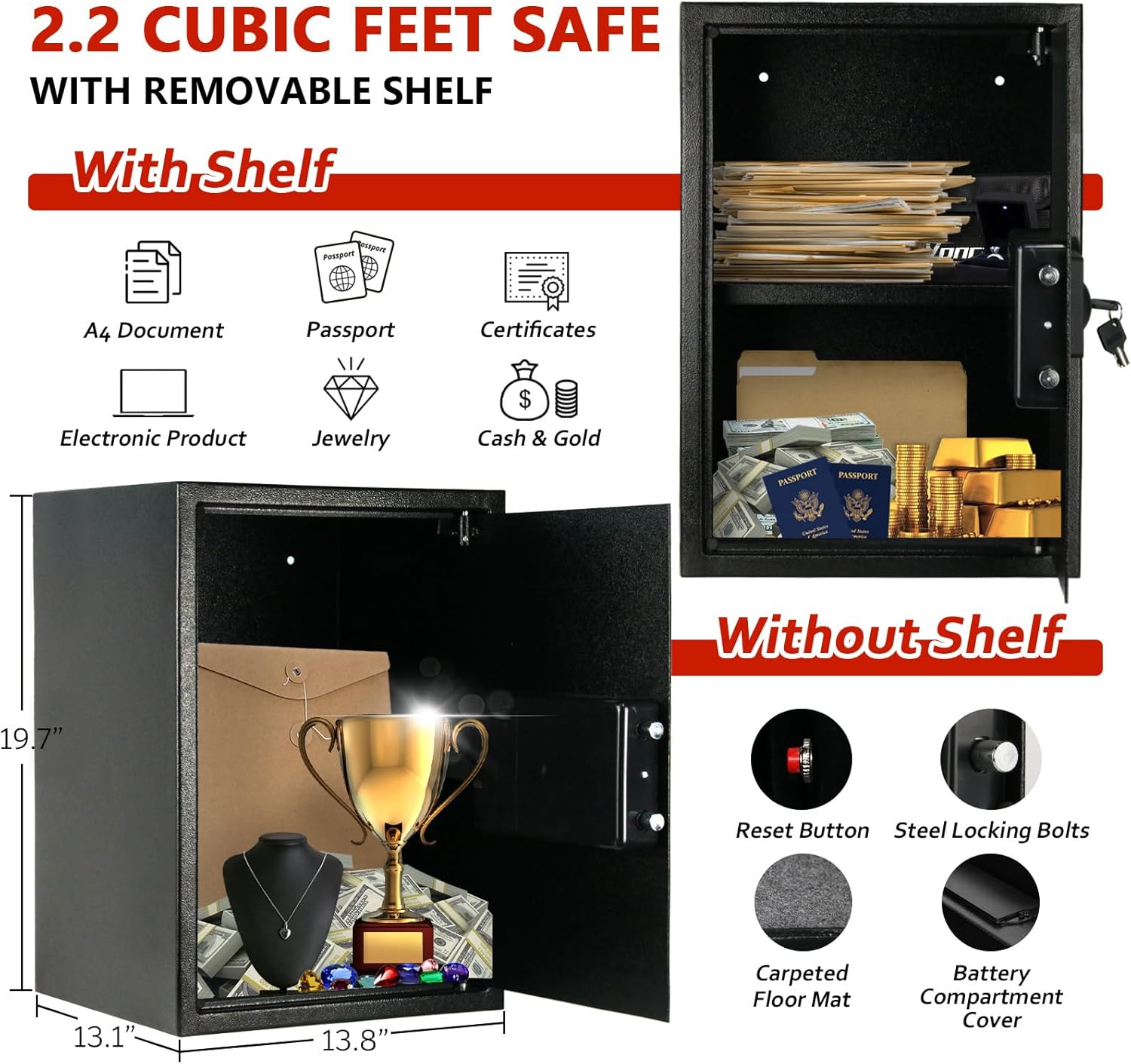 Voncabay Money Safe Box for Home with Sensor Light & Fireproof Money Bag - 2.2 Cubic Feet Security Safe Box with Digital Keypad, Keys & Pass Code Lock Black