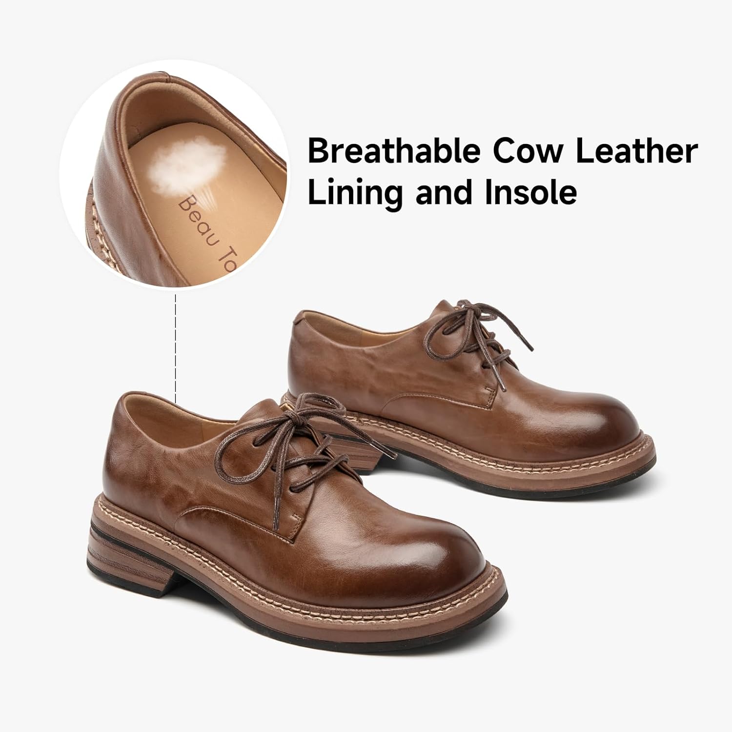 BEAU TODAY Women's Oxfords Dress Shoes, Leather Lace-Up Oxfords for Women, Comfortable Formal Cap Toe Business Casual Non Slip Office Driving Oxfords Shoes - Image 5