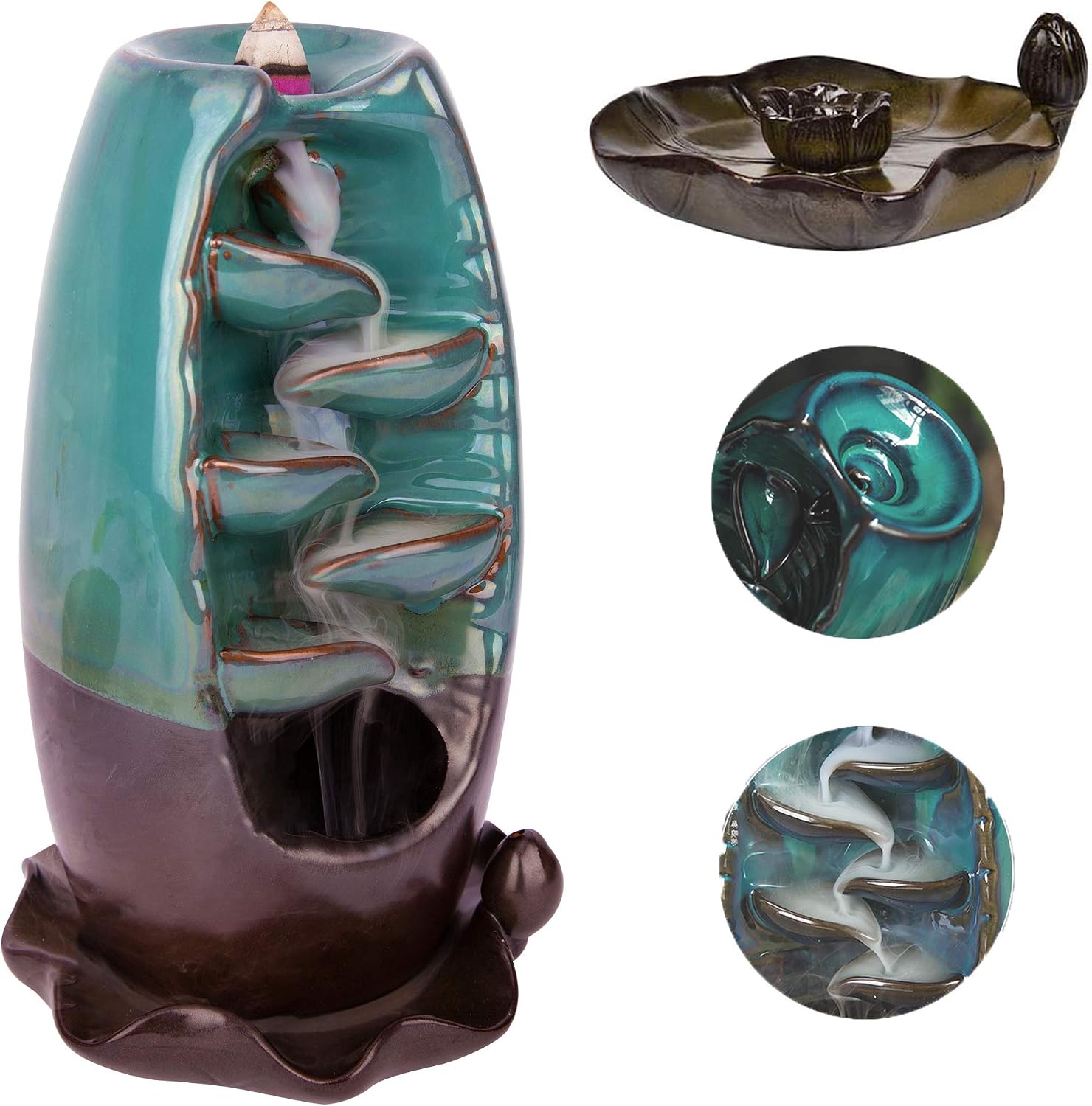 AOBBIY Ceramic Backflow Incense Holder - Aromatherapy & Home Decor, Portable Burner, Includes 120 Backflow Incense Cones & 30 Incense Sticks.