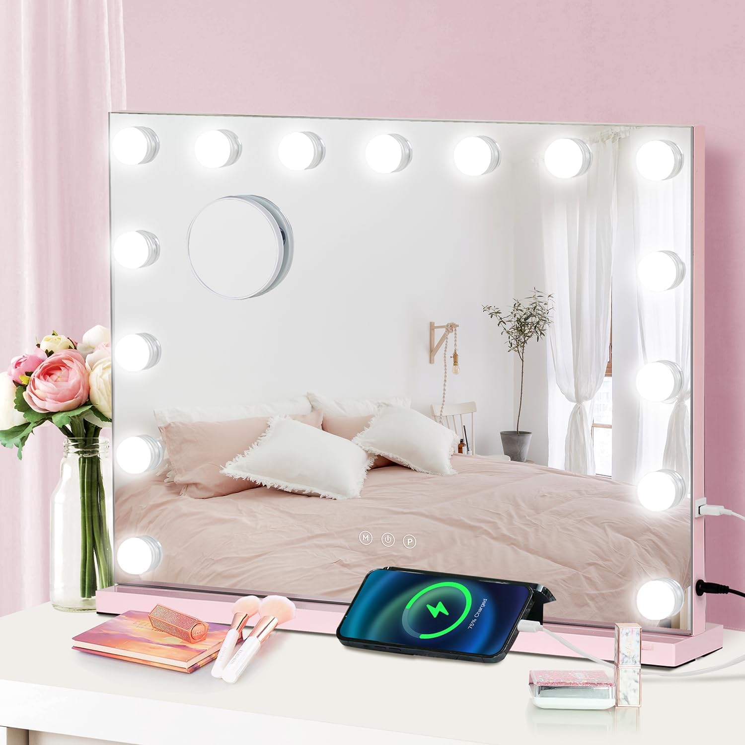 YU YUSING Hollywood Makeup Mirror, 58×46cm Large Vanity Mirror, Tabletop or Wall-Mounted, with 15 Dimmable Bulbs, 3 Color Modes, Touch Screen, 10X Magnifier Mirror, USB Output Port(Pink)