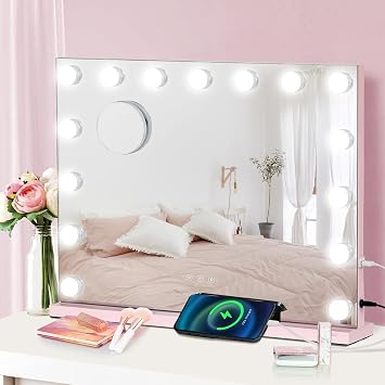 YU YUSING Hollywood Makeup Mirror, 5846cm Large Vanity Mirror, Tabletop or Wall-Mounted, with 15 Dimmable Bulbs, 3 Color Modes, Touch Screen, 10X Magnifier Mirror, USB Output PortPink