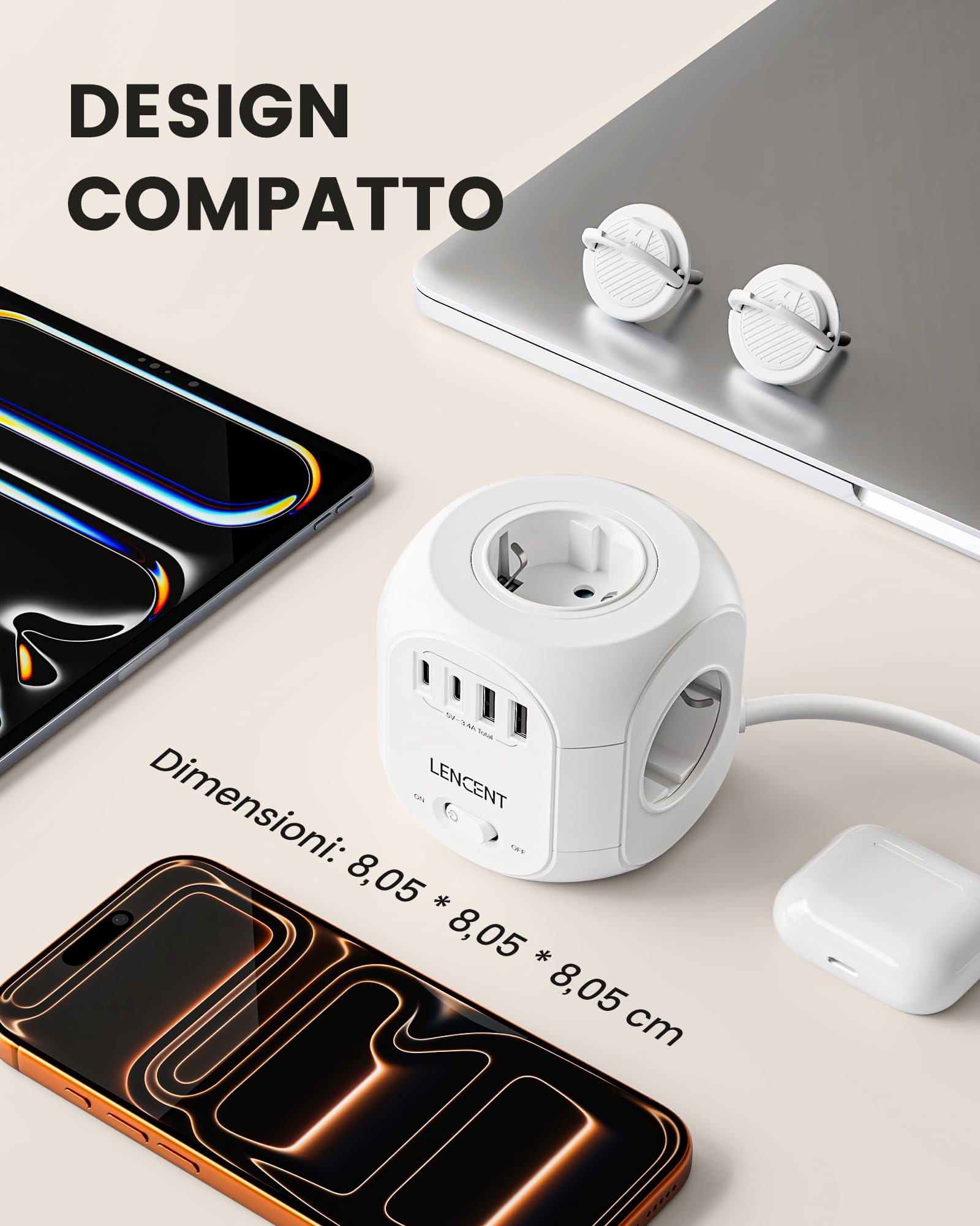 LENCENT 8 in 1 Ciabatta Cubico da 10M, Presa Multipla con Spina Piatta | Ciabatta Elettrica con 4 Prese AC, 2 USB-A e 2 USB-C, Presa Schuko Salvaspazio con Interruttore per Cucina Casa Ufficio