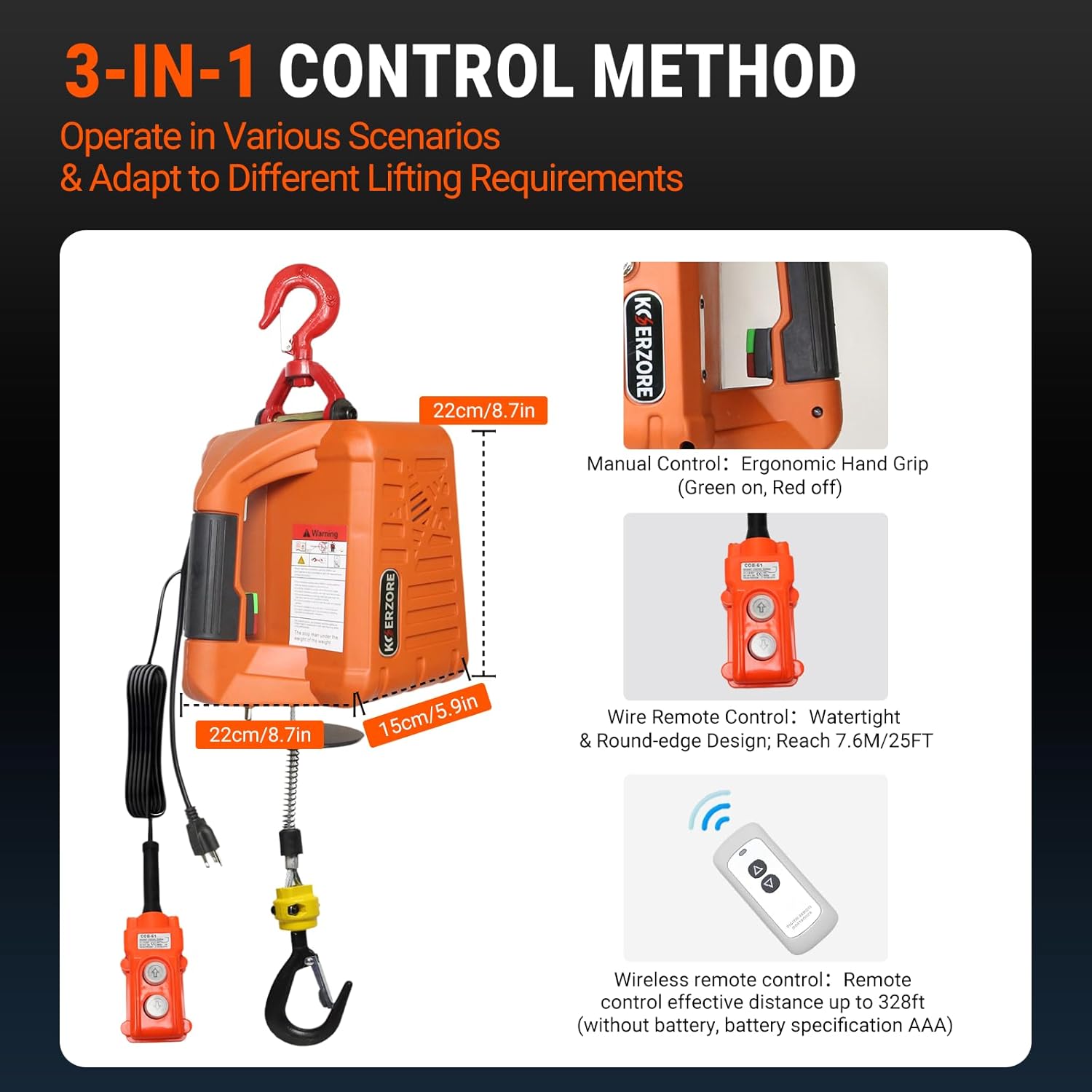 110V Electric Hoist Winch 1100Lbs Capacity 25ft Lift Height Portable Power Winch for Garage, Workshop, ATV & Drywall Lifting&Compact Electric Chain Hoist