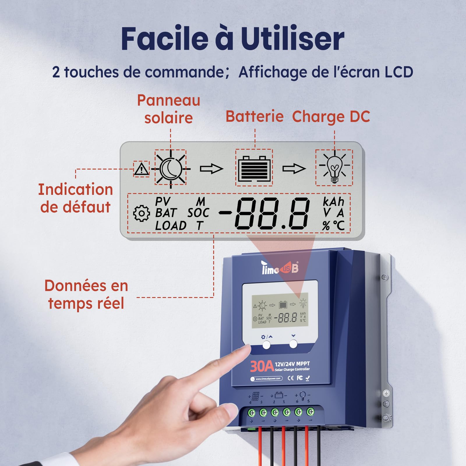 Timeusb 12V/24V 30A MPPT Régulateur de Charge Solaire pour Batterie Lithium | Reconnaissance Automatique 12/24V & Efficacité de Suivi à 99%,Contrôleur avec Écran LCD pour Plomb-Acide