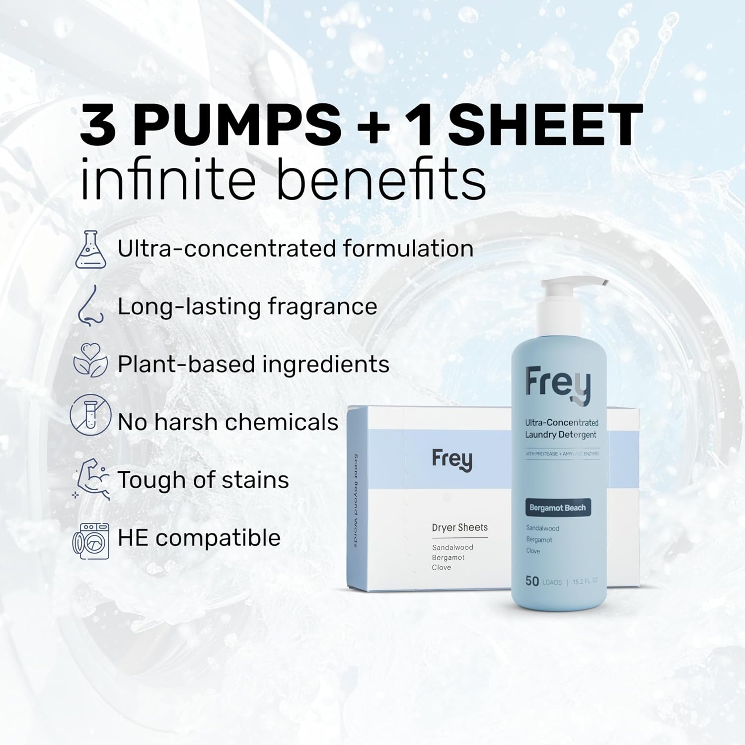 FREY Classic Laundry Bundle – Concentrated Liquid Detergent (Up to 50 Loads) + Dryer Sheets (30 Sheets) – Plant-Derived Formulation, HE Compatible (Bergamot Beach)