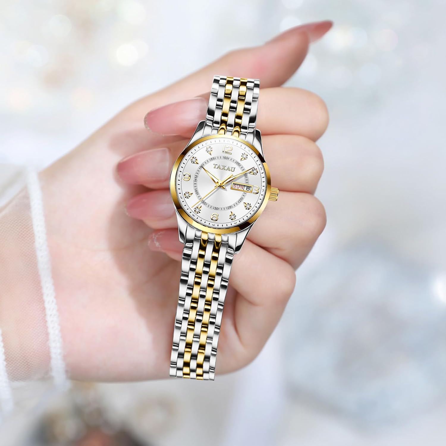 Gold Silver Two Tone Women Stainless Steel Watch Small Wrist ElegantDress Watch for Women Fashion Luxury Waterproof Day Date Analog Quartz Ladies Watches - Image 7