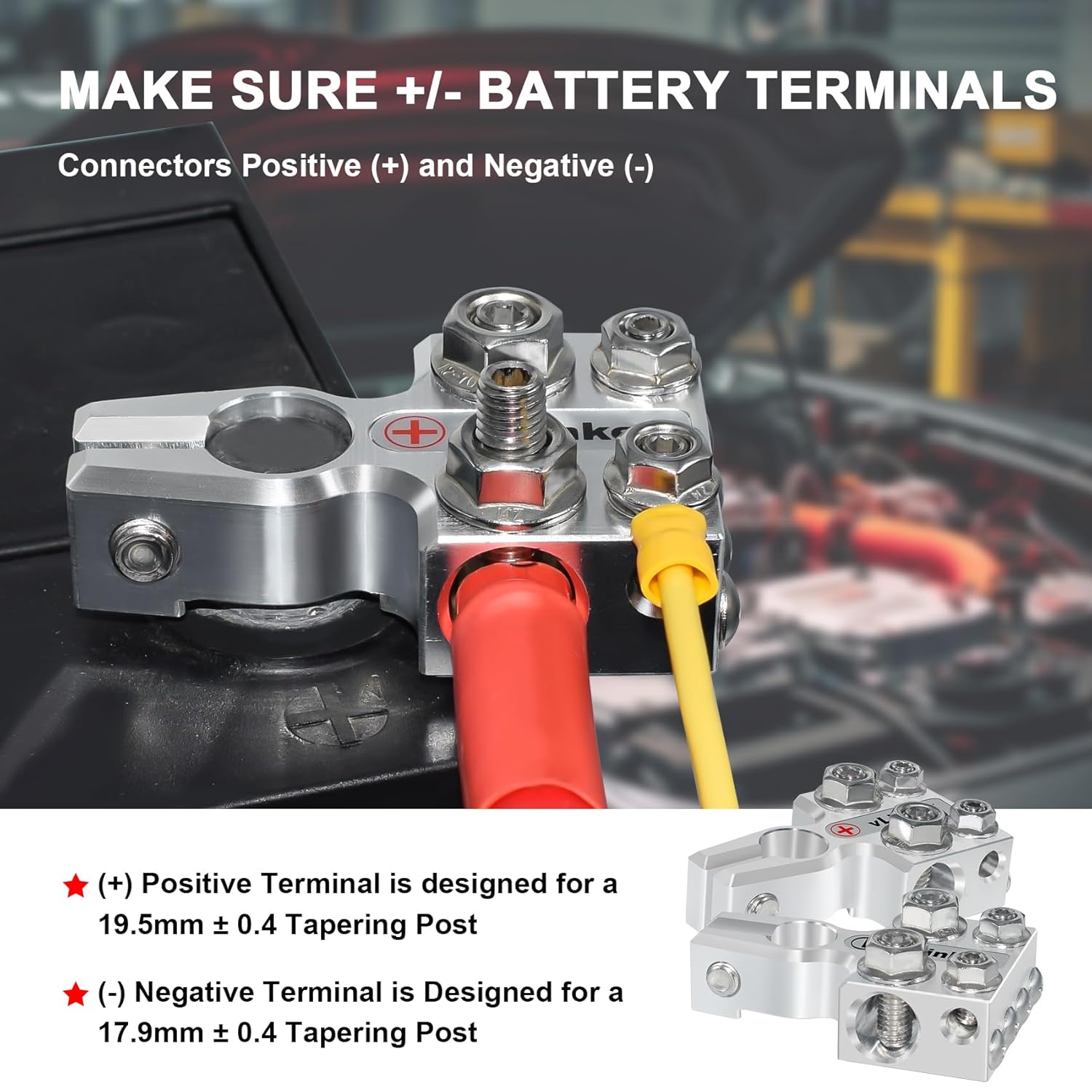 12-Way Lead Acid Battery Terminal Connectors, Multi-Size Hole Holder, 8AWG up to 4/0(XL) AWG Gauge, Battery Terminal Clamps Positive & Negative for SAE/DIN/EN Tapered Top Post