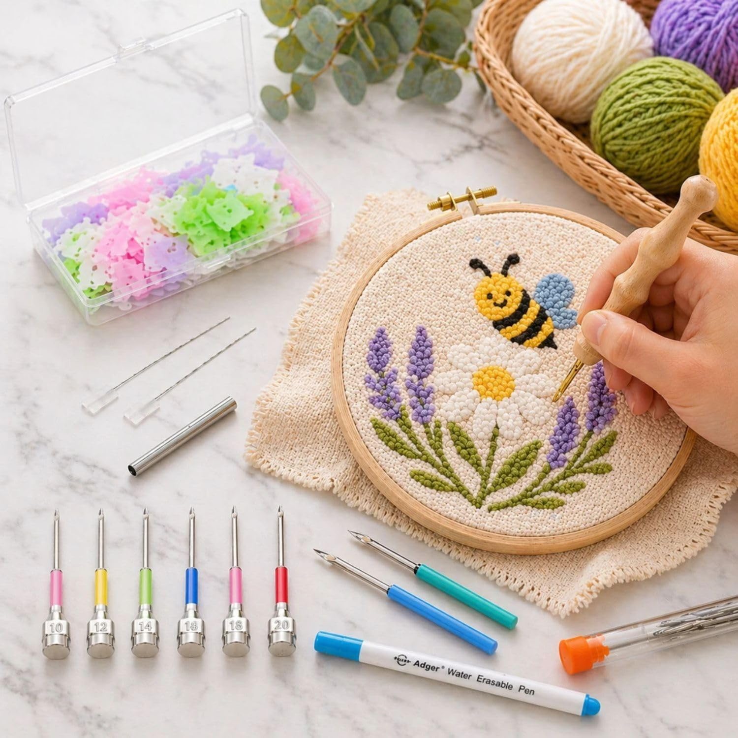 Gemsy 24PCS Punch Needle Kit - 9 Sizes Punch Needle set For Embroidery, Needle Threader, Wooden Handle Embroidery Pen, Floss Winding Board, DIY Sewing Tools, Rug Making Tool for DIY Hand Embroidery, Cross Stitch, Yarn Craft-image-29