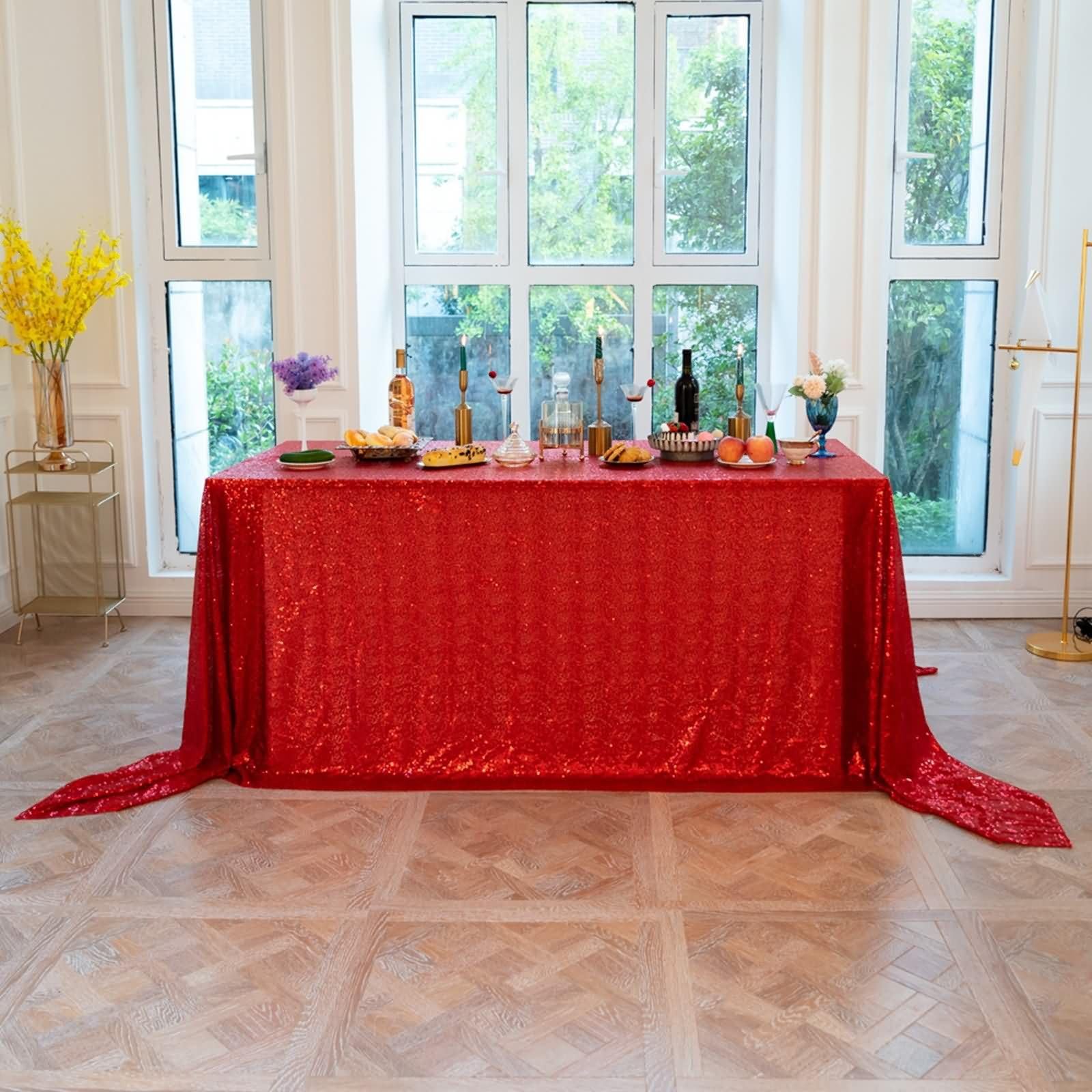 Mantel Rectangular Rojo Antimanchas Exterior, Color Sólido con Lentejuelas, de Poliéster Fácil de Limpiar, 153 x 300 cm, Mantel para Jardín y Terraza