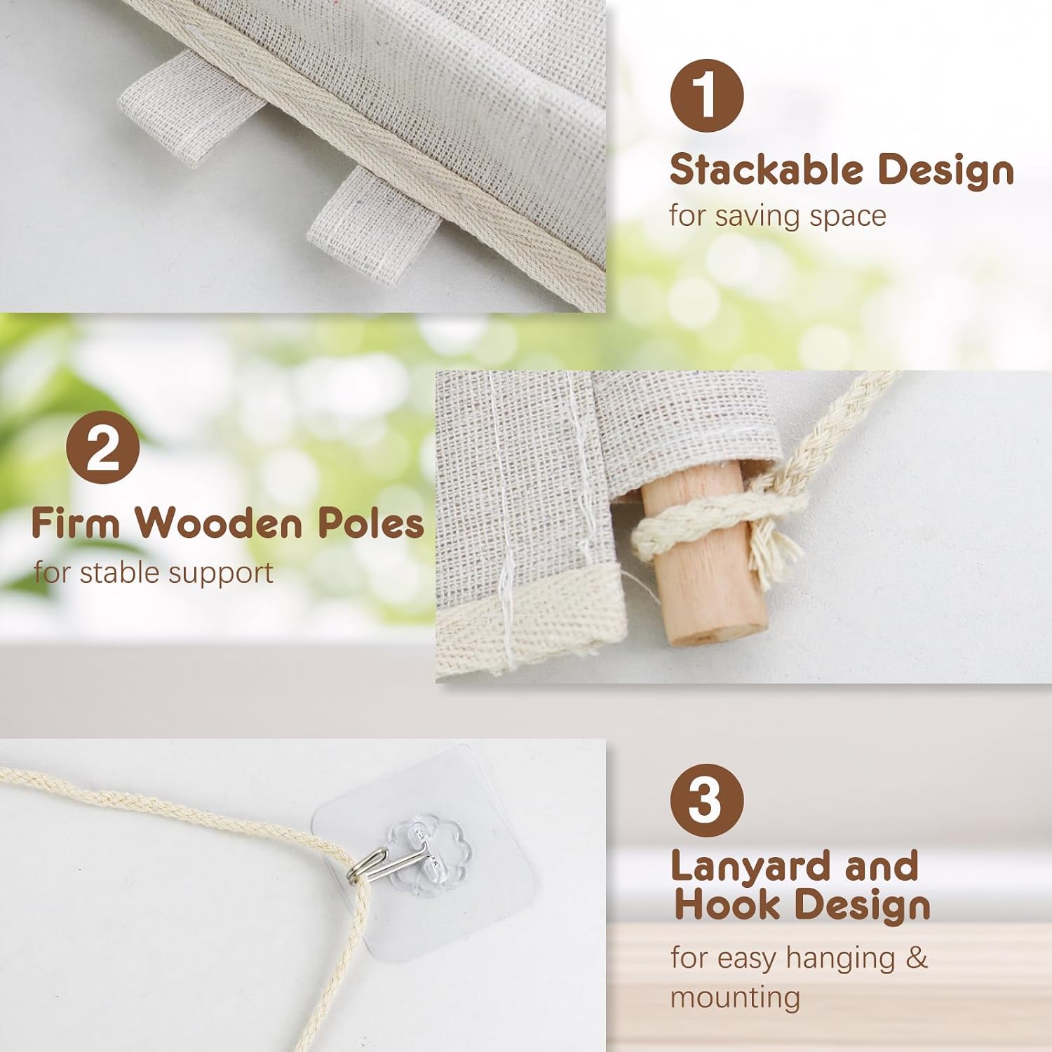 FuninCrea Wall Hanging Storage Bag, Foldable Wall Hanging Organizer with 3 Pockets, Waterproof Cotton Linen Hanging Pocket Organizer Space-Saving Over Door Storage for Bathroom Bedroom (1, Beige)