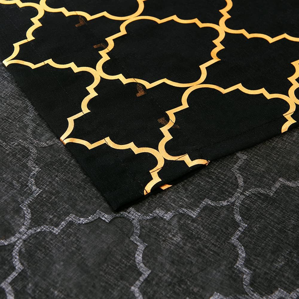 YJ YANJUN Black and Gold Curtains for Bedroom- Metallic Moroccan Tile Print Black Sheer Curtains 63 inch Length 2 Panels,52 x 63 Inch,Black Gold