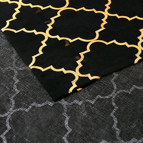 Miniatura 6 de YJ YANJUN Cortinas negras y doradas para dormitorio, cortinas traslúcidas negras con estampado de azulejos marroquíes metálicos, 63 pulgadas de