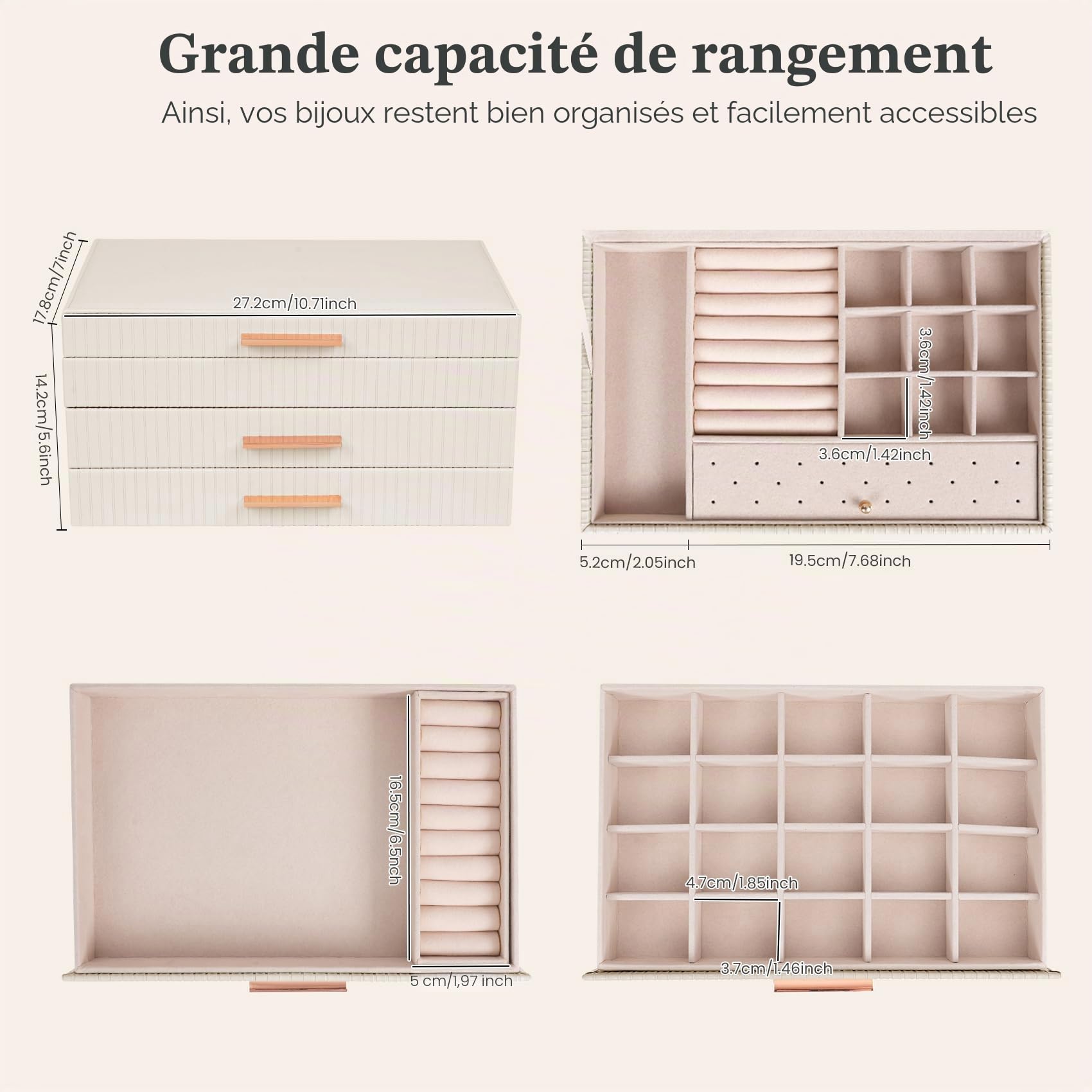 Dajasan Boite a Bijoux Femme, Boite à Bijoux avec 2 Tiroirs, 3 Niveaux Grande Boîte à Bijoux pour Coiffeuse, Cuir PU Imperméable Grain Vertical, Modern, Idée Cadeau pour Femme (Beige)