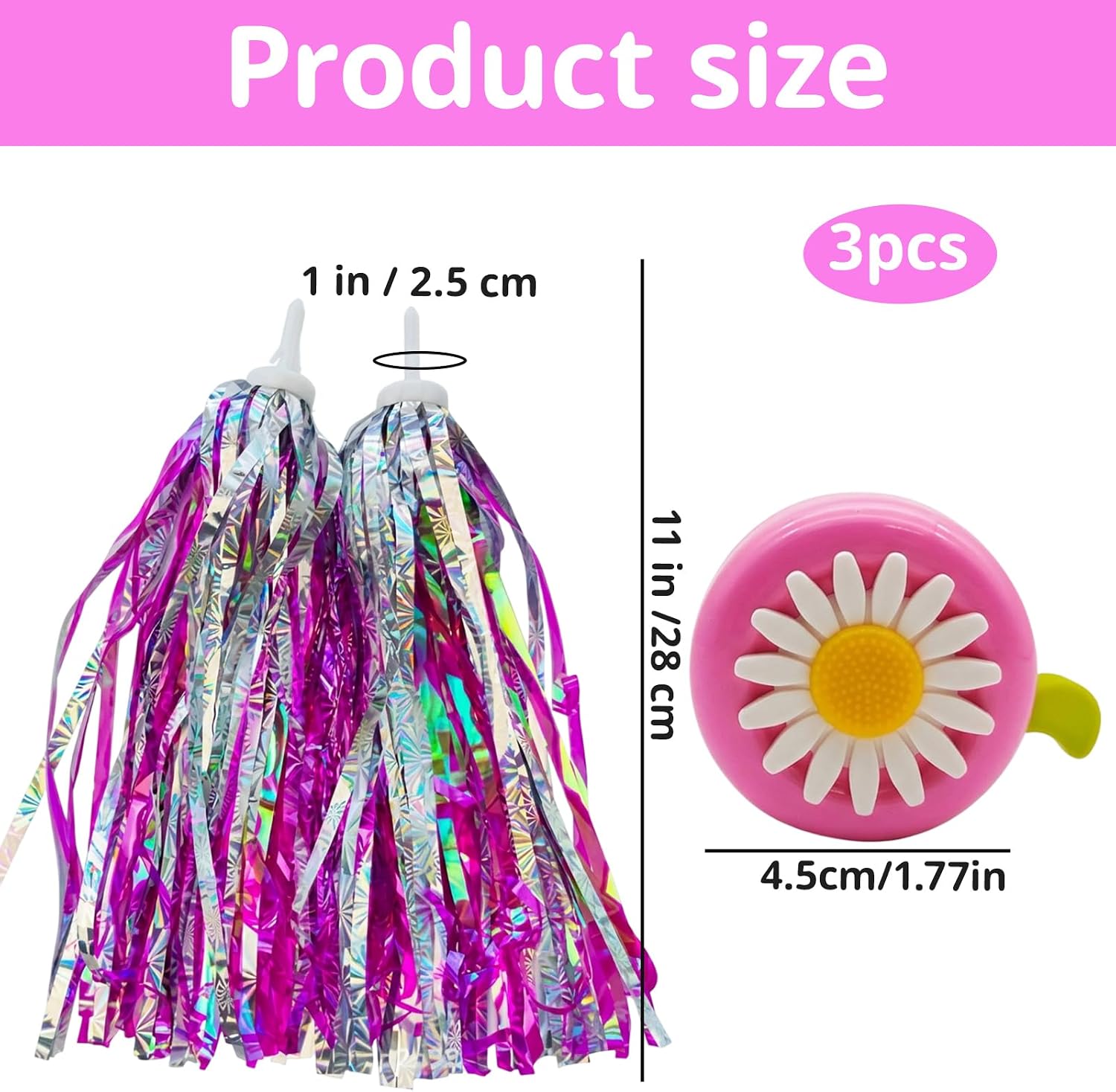 Bike Tassels for Girls, 3-Piece Bike Streamers Set with Two Fringes and One Bell, Handlebar Streamers for Bicycle, Streamers for Bike Tassels for Bike Handlebars, Bicycle Streamers for Girls image 2