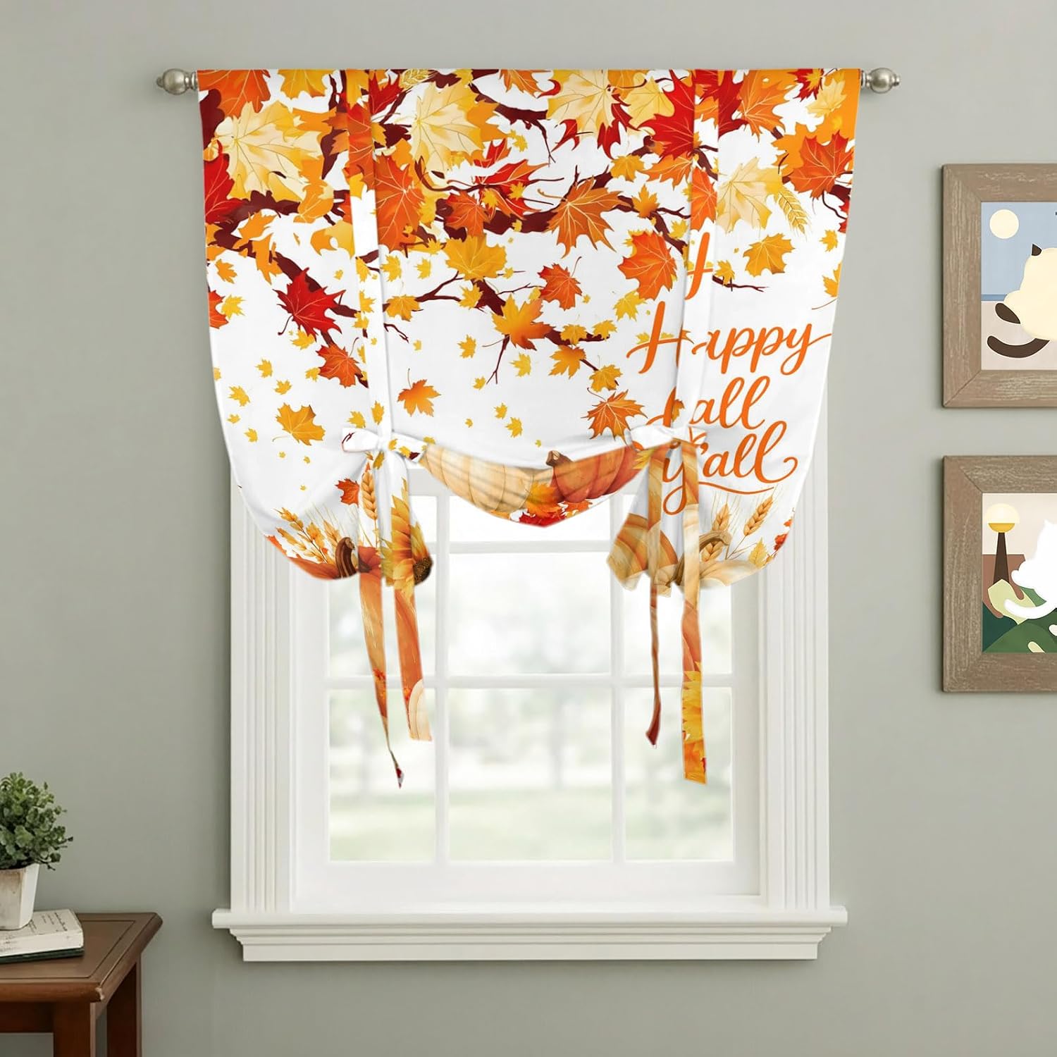 Orange Pumpkins Fall Tie Up Curtains for Small Windows, Adjustable Rod Pocket Maple Leaves Thanksgiving Valance 45 Inch Short, Autumn Happy Fall Window Treatment Balloon Roman Blind Shade, 34" x 45"