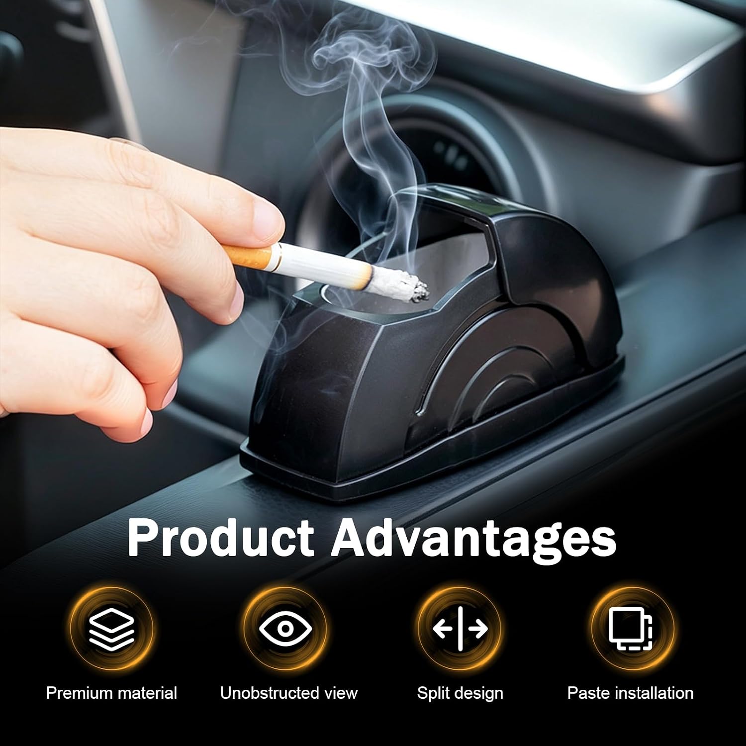 Car Ashtray with Lid, Portable Smokeless Car Door Ashtray, Center Console Cigarette Ash Container with Metal Inner Liner, for Most Sedans, Trucks, SUVs (Black)