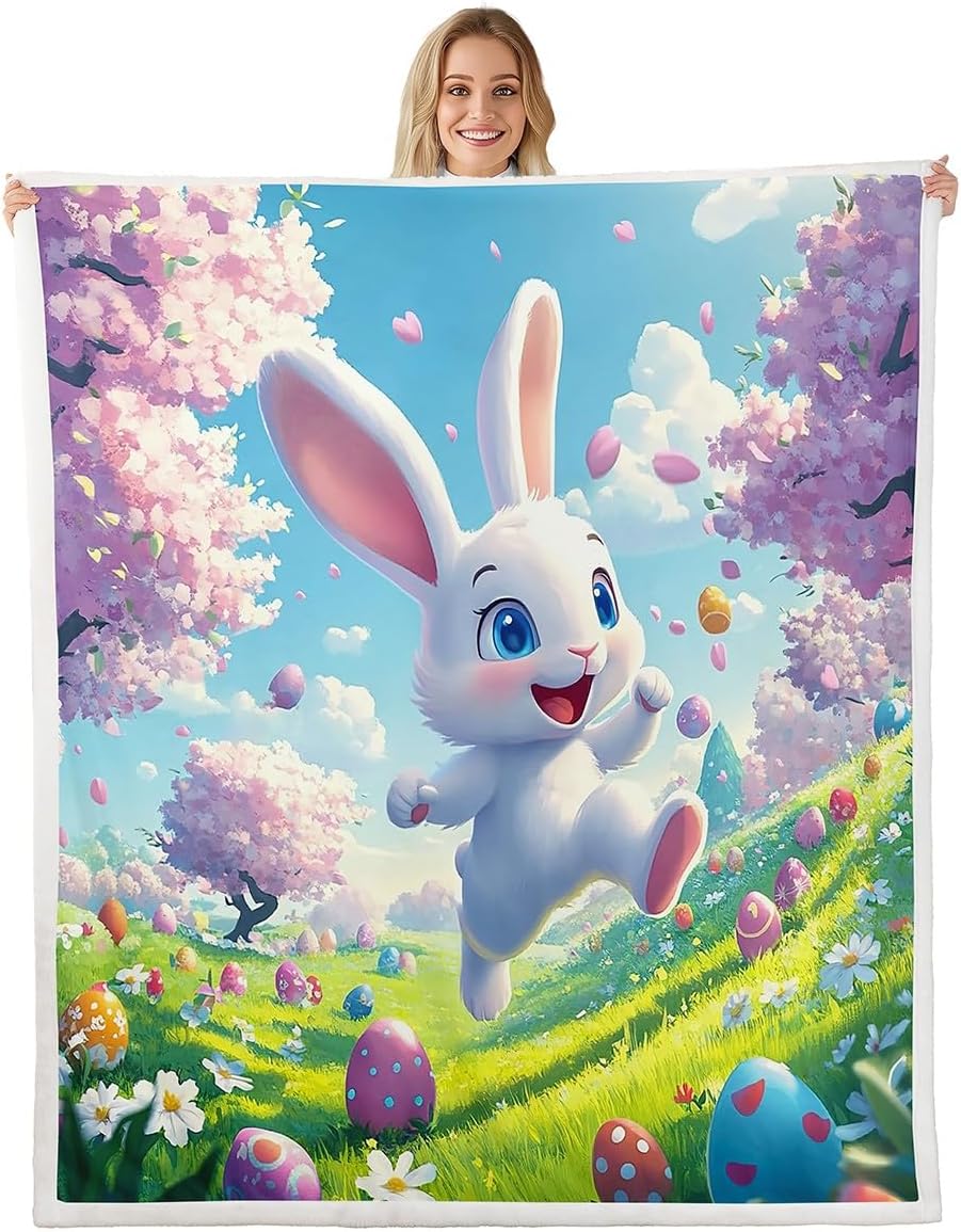 Rabbit Blanket Twin 60x80 Cartoon Jungle Animal Blanket for Kids Teens Boys Girls Dreamy Fairy Tale Sherpa Blanket Lightweight Spring Theme Flower Blanket Living Room Decor