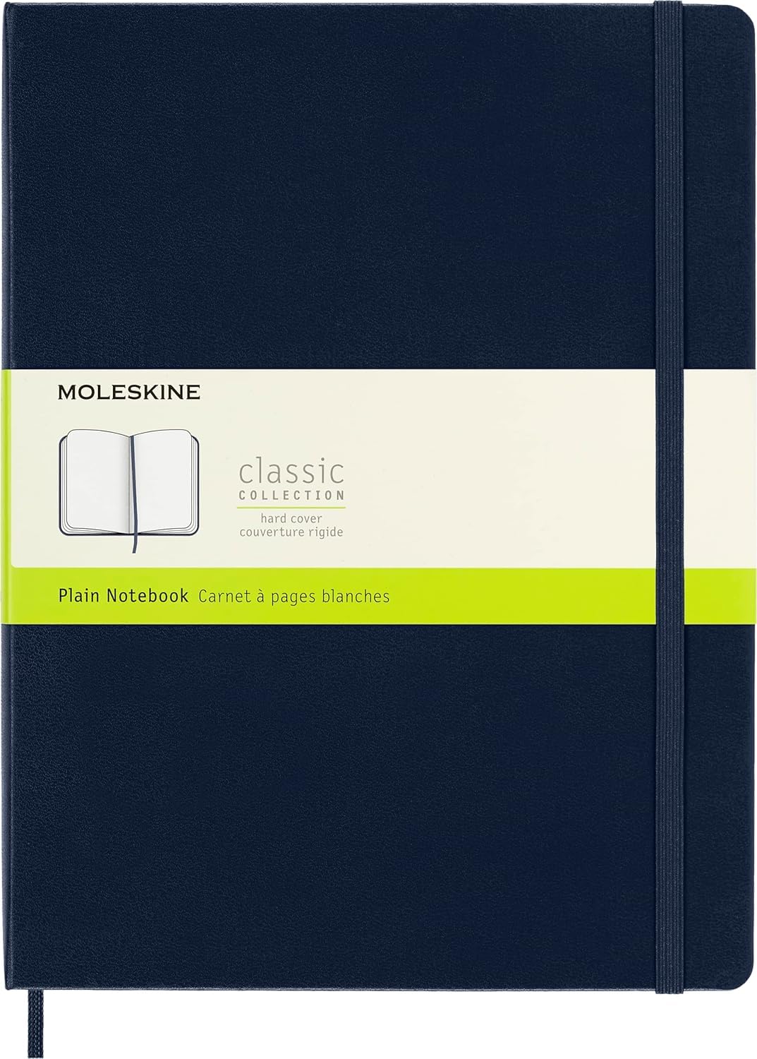 Classic Plain Paper Notebook, Hard Cover and Elastic Closure Journal, Color Sapphire Blue, Size Extra Large 19 x 25 cm, 192 Pages