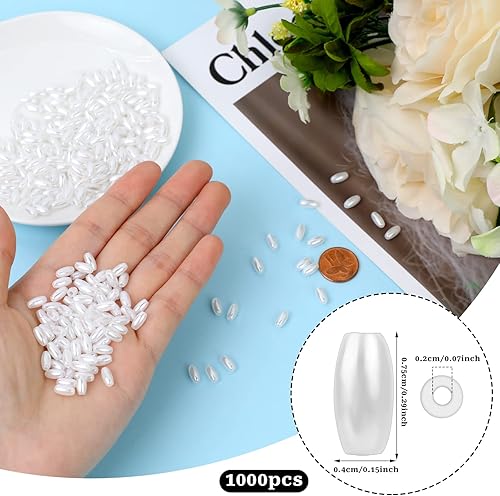 Miniatura 3 de KALIONE 1000 cuentas de arroz de avena, cuentas sueltas para hacer joyas, cuentas largas blancas ABS con agujero de 0.079 pulgadas para pulseras,