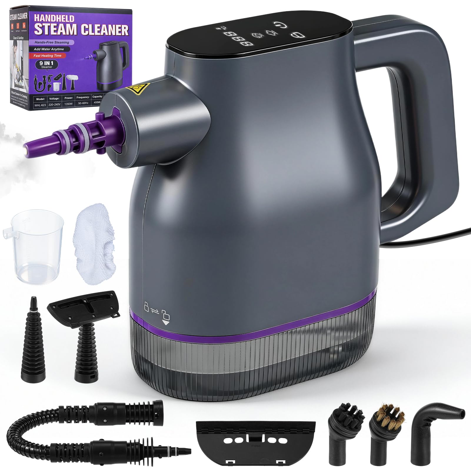 1350W Pulitore a Vapore Portatile con Riscaldamento Rapido 15s a 130°C – Touchscreen, Blocco Sicurezza, 400ml Senza Chimici – 9 Accessori per Auto, Divano, Pavimenti, Bagno, Piastrelle, Finestre