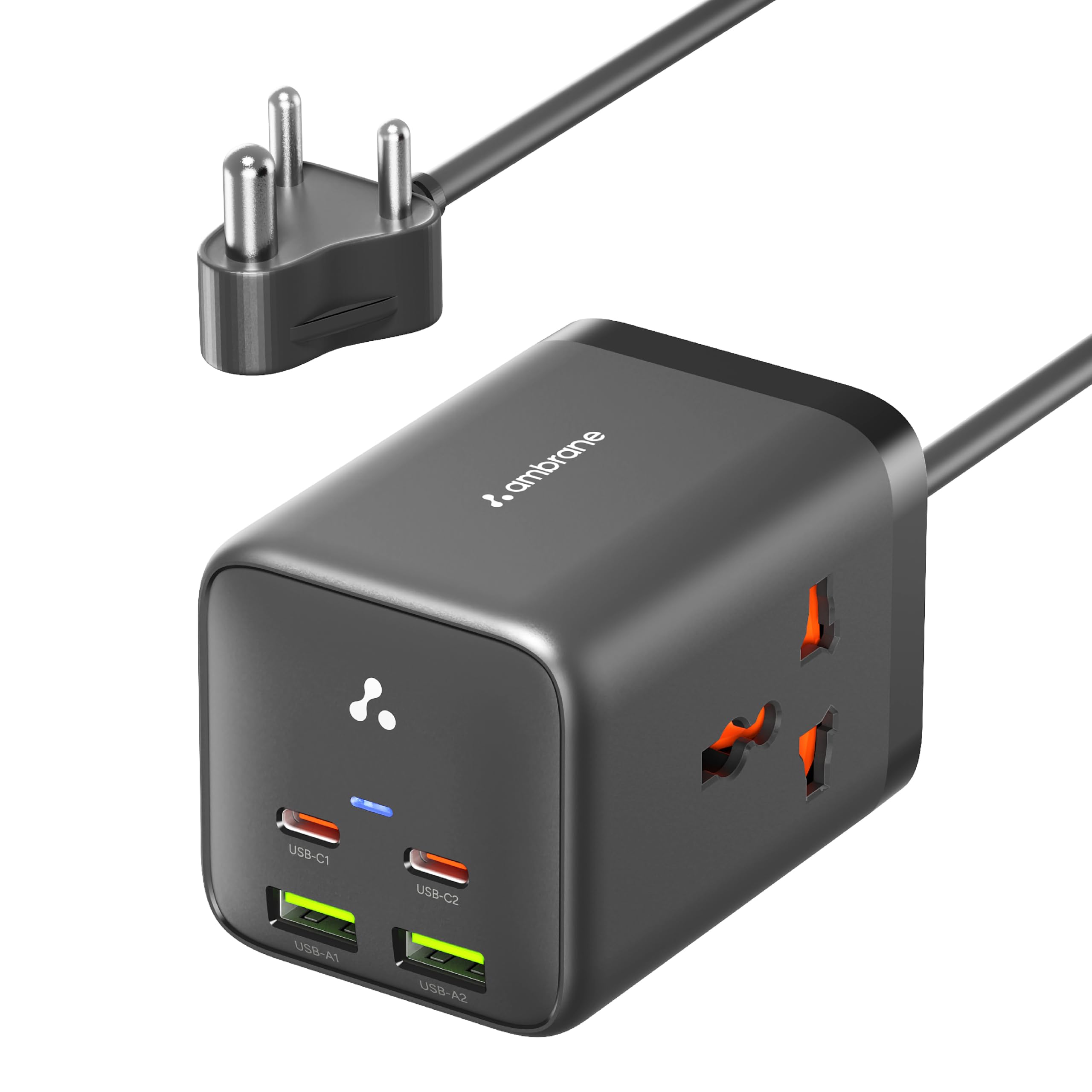 Ambrane 6-in-1 Power Hub Charger 65W Fast Charging, 6 Ports - 2 Type-C, 2 USB, 2 AC Sockets (2500W), Multi-Port Desktop Charger for Laptop, iPhone, An...