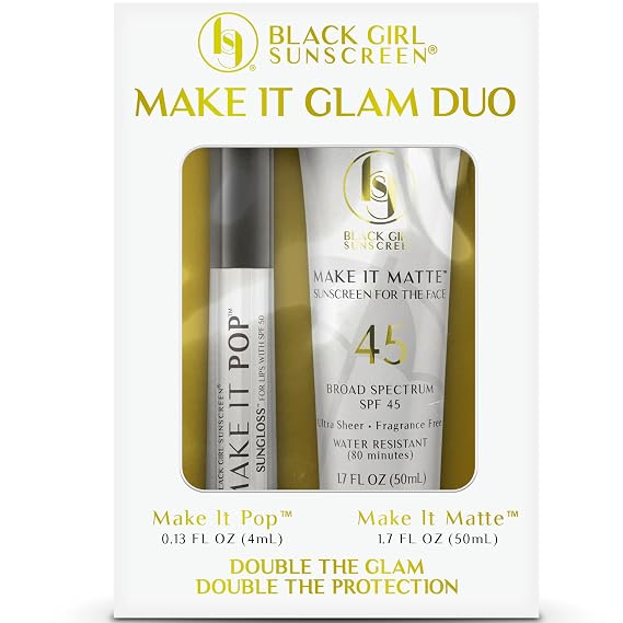 BLACK GIRL SUNSCREEN Face & Lip Sunscreen Make It Glam Duo 1 SPF 45 Make it Matte Clear Sunscreen for Face & 1 Make it Pop SPF 50 Sungloss for Protected Poppin' Lips