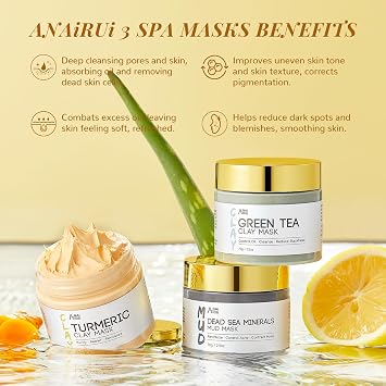 ANAiRUi Face Mask Gift Set for Christmas 70g*3, Turmeric Clay Mask - Green Tea Clay Face Mask - Dead Sea Minerals Mud Mask, Stocking Stuffers for Women &Teen Girl