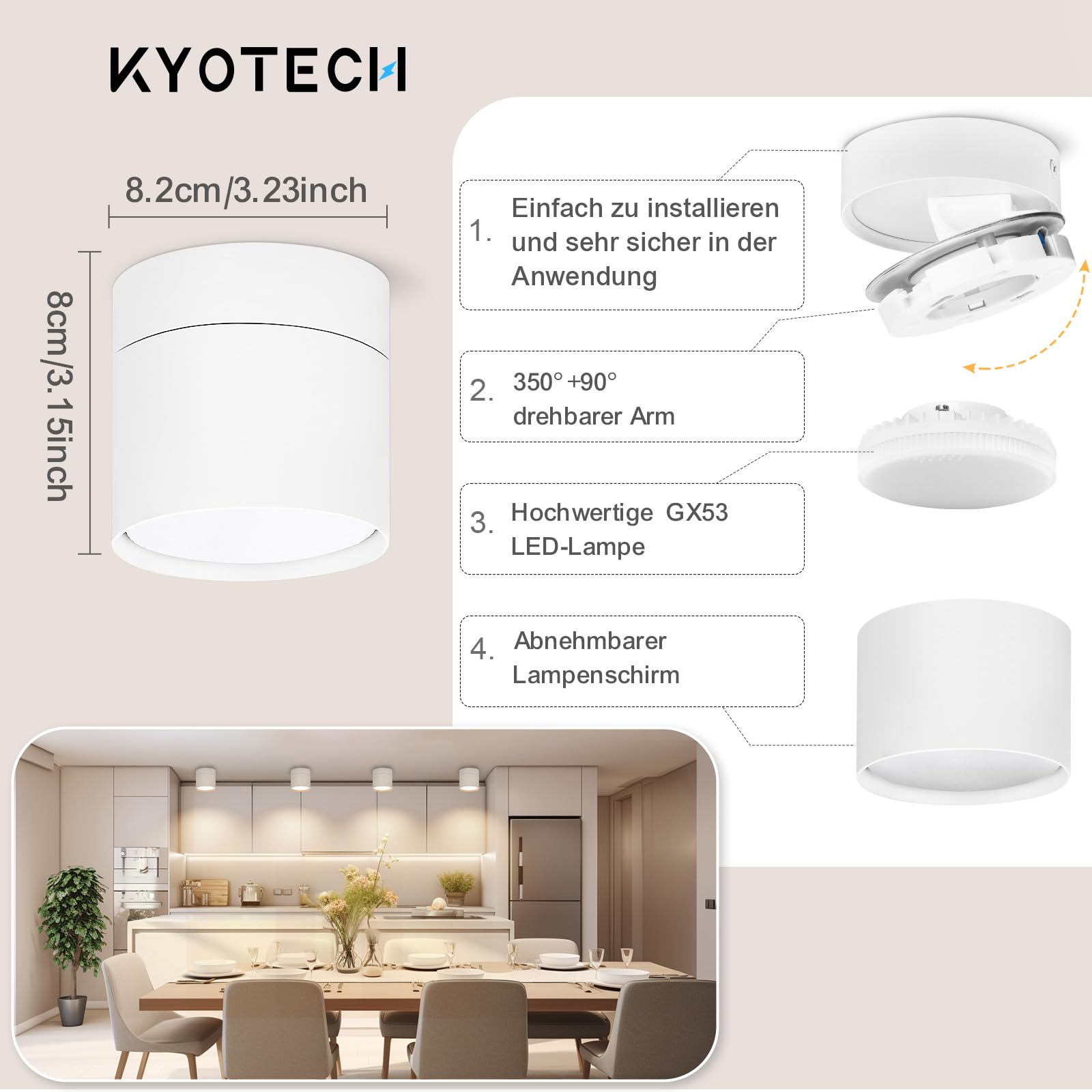 KYOTECH 4 Pcs LED Foco Superficie Blanco Giratorio Ø84x80mm, Bombilla 6W GX53, Plafón Interior Blanco Cálido 3000K 550LM