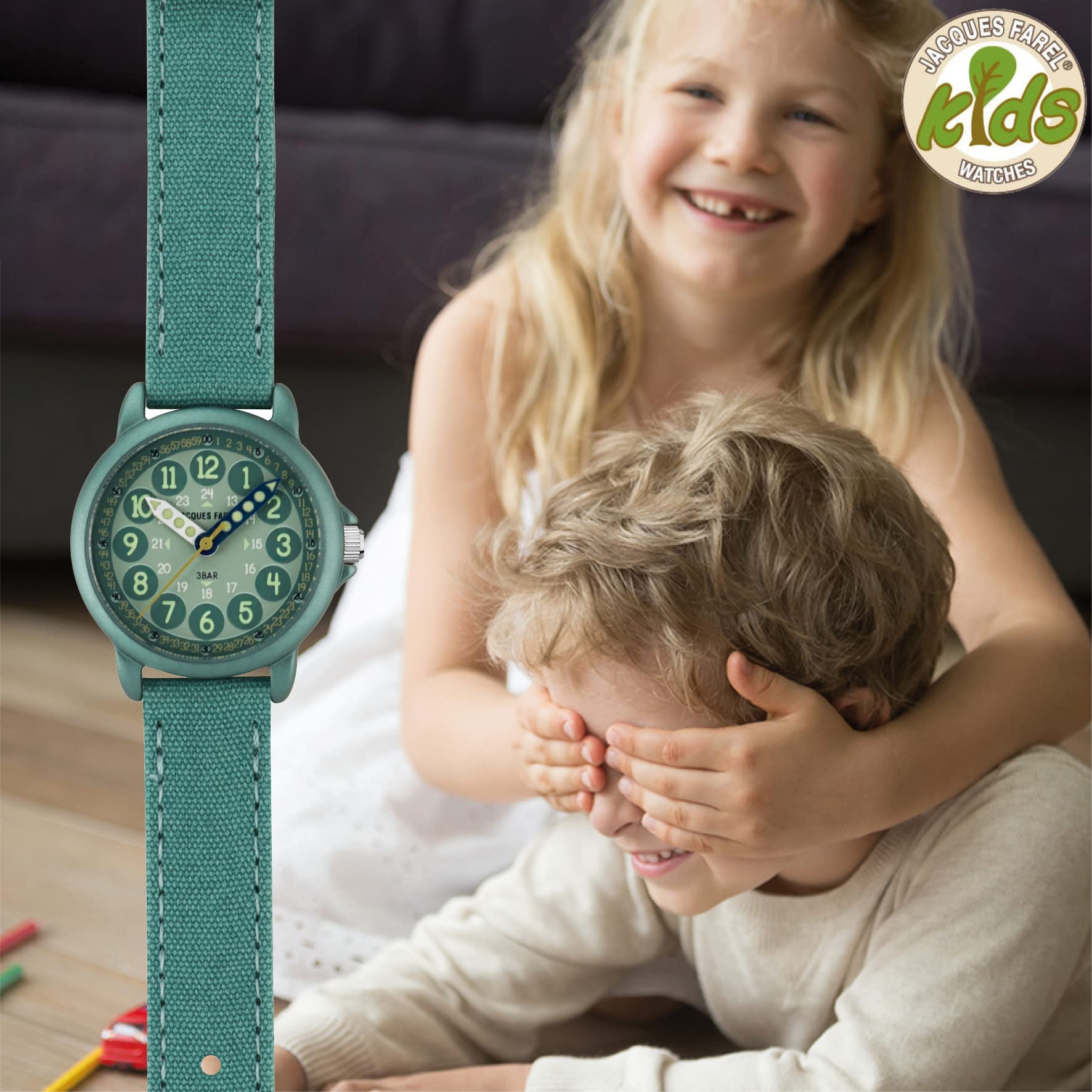 Jacques FAREL Lernuhr Öko Kinderuhr Jungen Armbanduhr Analog Quarz mit Textilarmband aus Bio-Baumwolle Jade-Blau Türkis Nachhaltig ORGT 1114