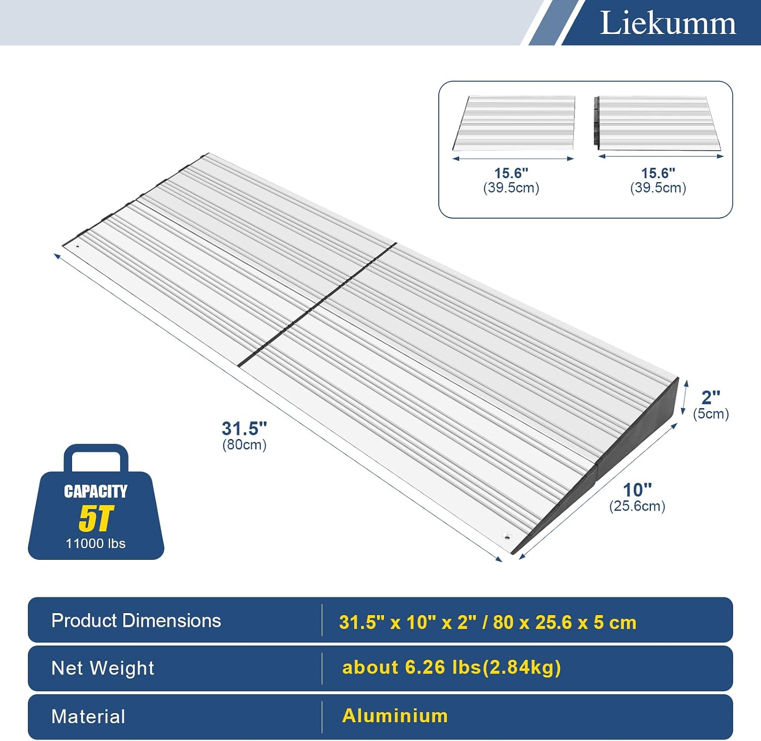 LIEKUMM 2 Inch Rise Aluminum Ramp, 4400lbs Capacity Door Threshold Ramp, Entrance Ramps for House, Suitable for Garage Steps、Relatively Low Wheelchair Ramps, Silver