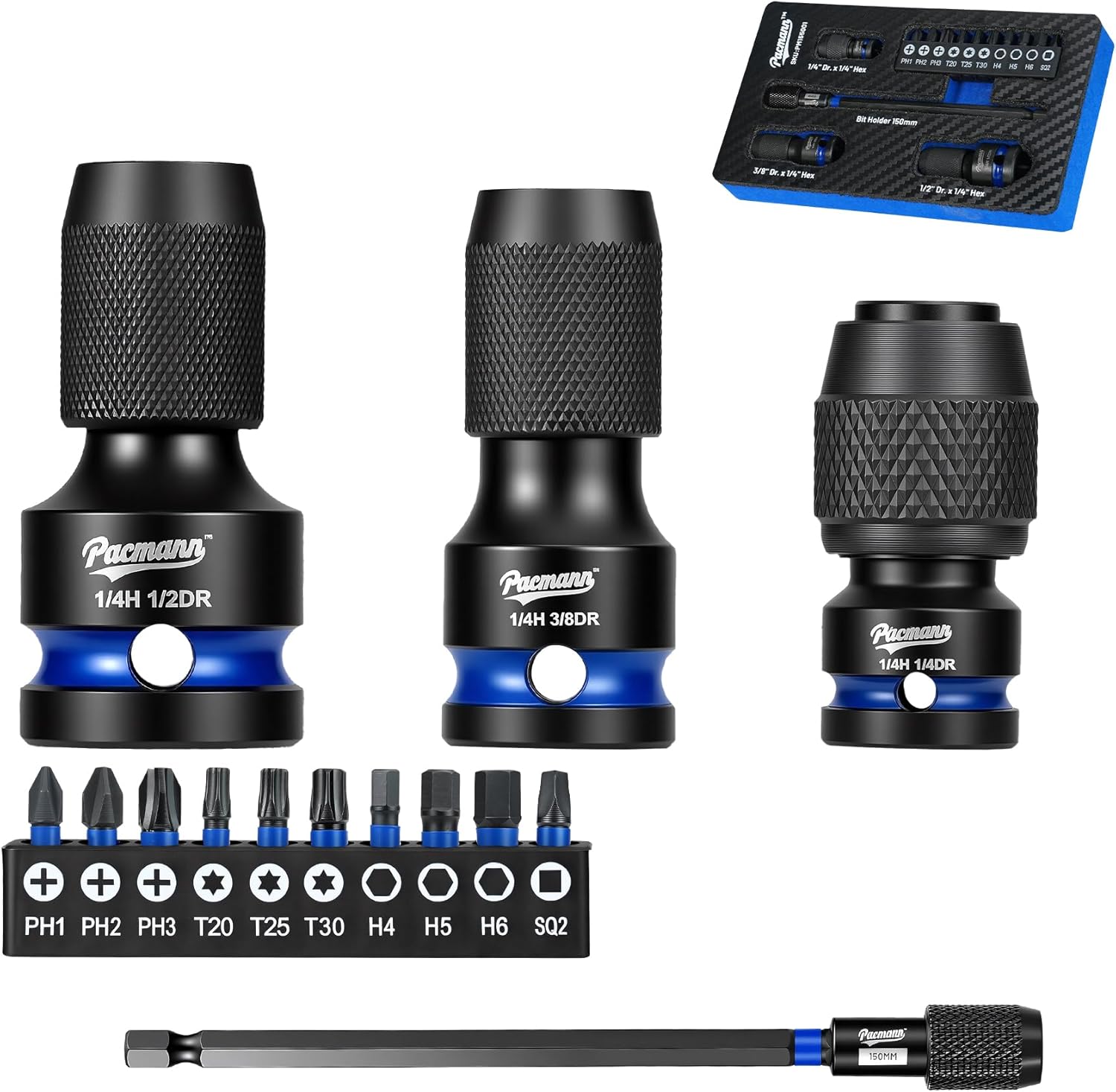 Impact to 1/4 Hex Converter, 1/2 3/8 1/4-INCH Drive Female to 1/4-Inch Hex Adapter, Impact Wrench Adapters, Quick-Change Chuck, Cr-Mo Steel, Bit Holder 150mm, Screwdriver Bits