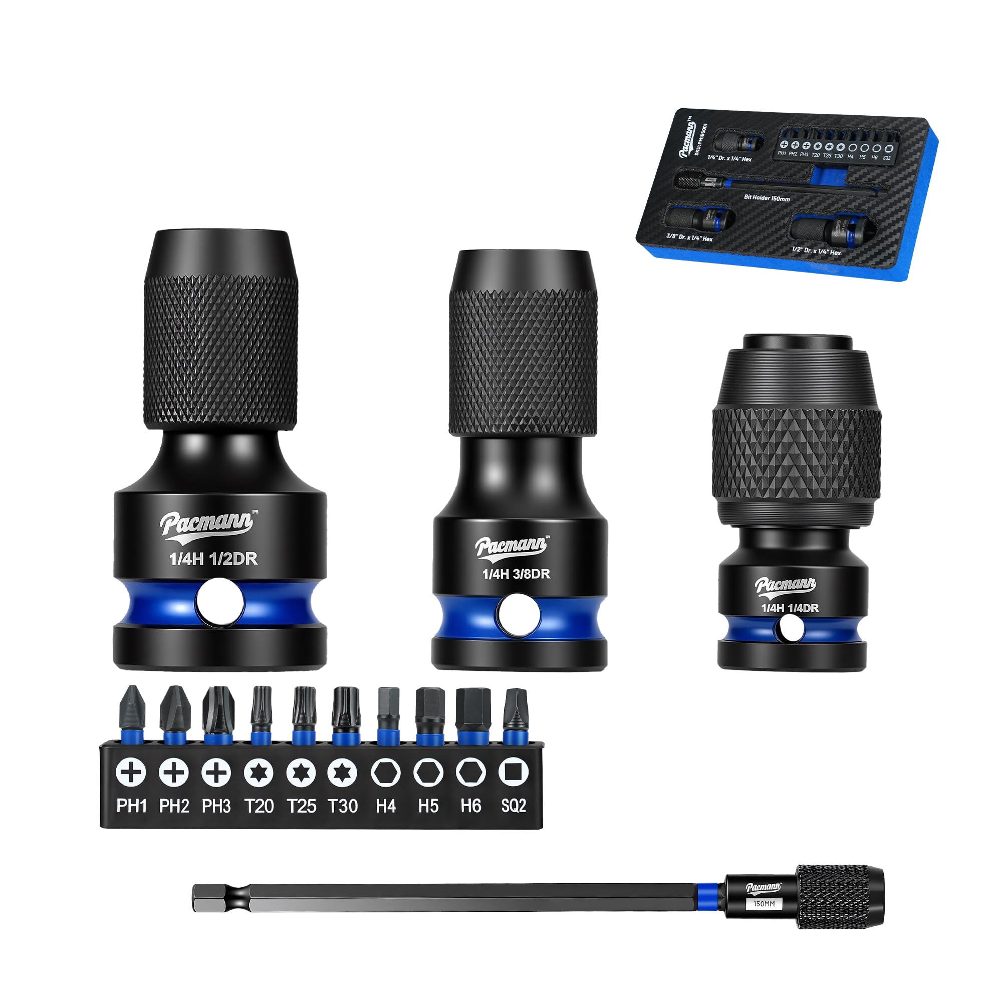 Pacmann Impact to 1/4 Hex Converter, 1/2 3/8 1/4-INCH Drive Female to 1/4-Inch Hex Adapter, Impact Wrench Adapters, Quick-Change Chuck, Cr-Mo Steel, Bit Holder 150mm, Screwdriver Bits