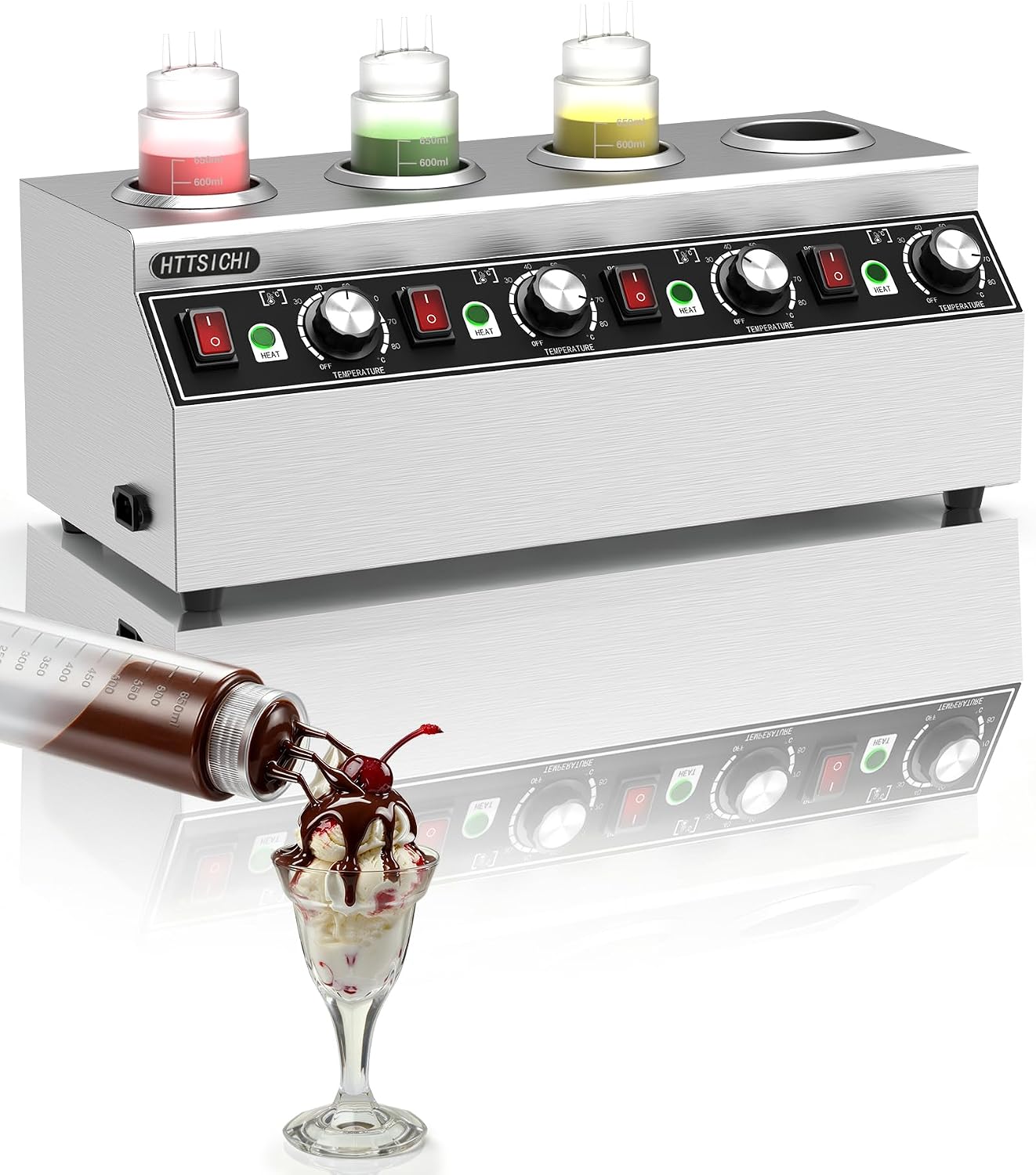 Commercial Electric Sauce Warmer Stainless Steel Chocolate Warmer w/Independent Temp Control, Triple Pump Cheese Dispenser Warmer for Hot Fudge Nacho Cheese, Includes 4x650ml Bottles (110V)