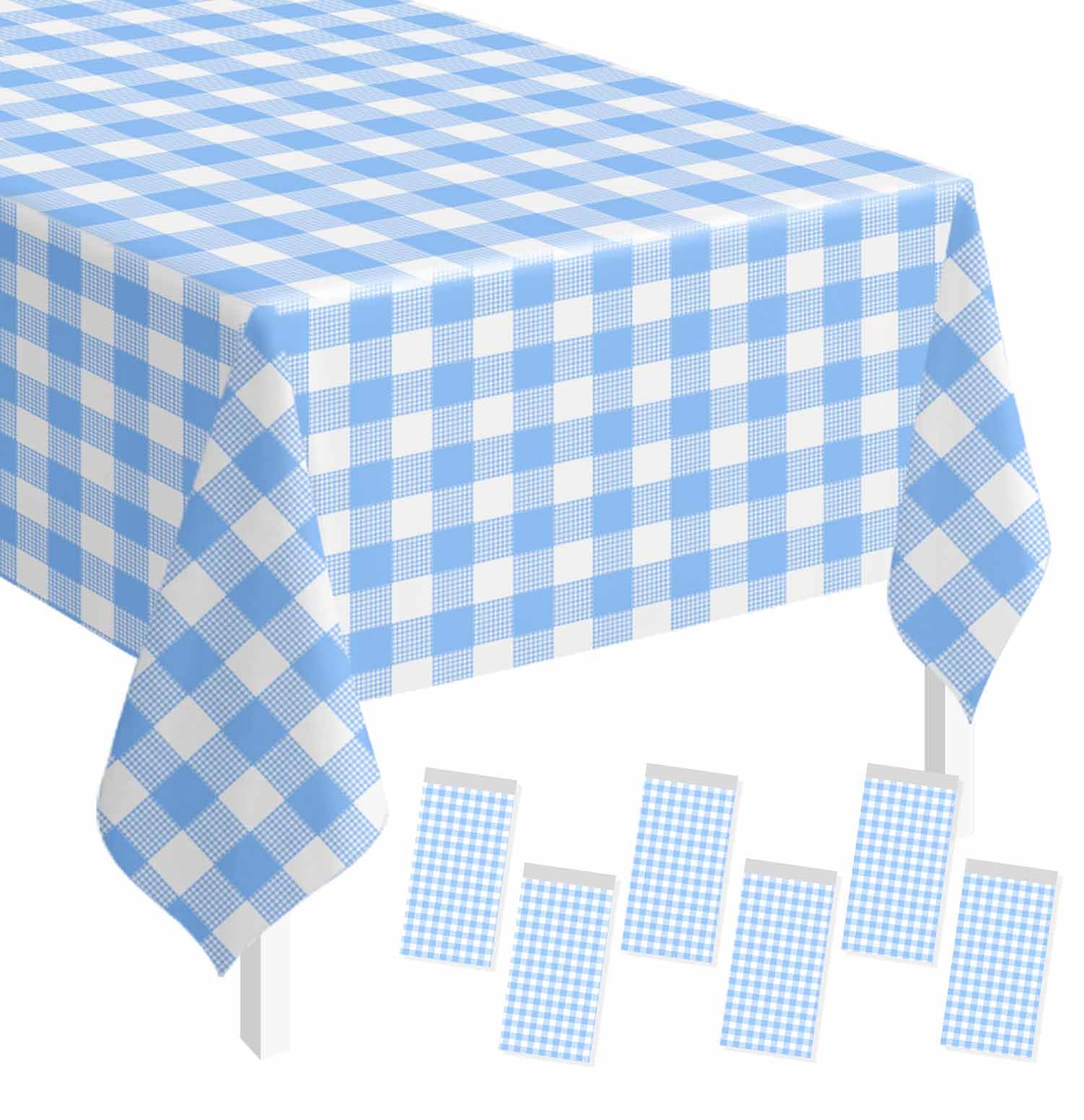 SietDESEO 6 Pack Light Blue Gingham Tablecloth Rectangle 54 x 108 Blue and White Checkered Table Cloth Disposable Plaid Table Cover Plastic for Birthday Baby Shower Picnic Wedding Party Supplies