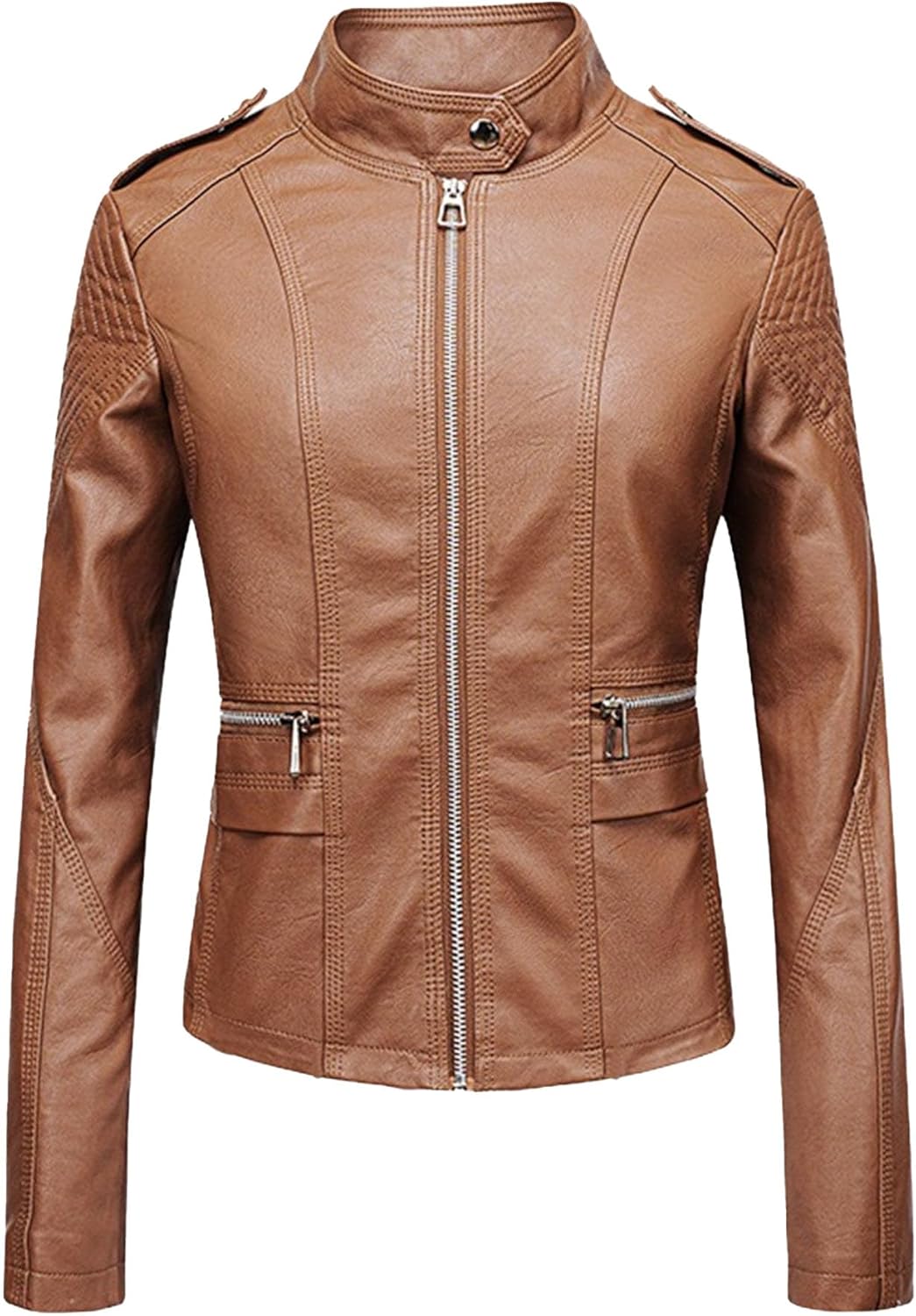 Women's Faux Leather Stand Collar Solid Coat Classic Comfort Slim Fit Coat Jacket Zip Up Moto Biker Outerwear