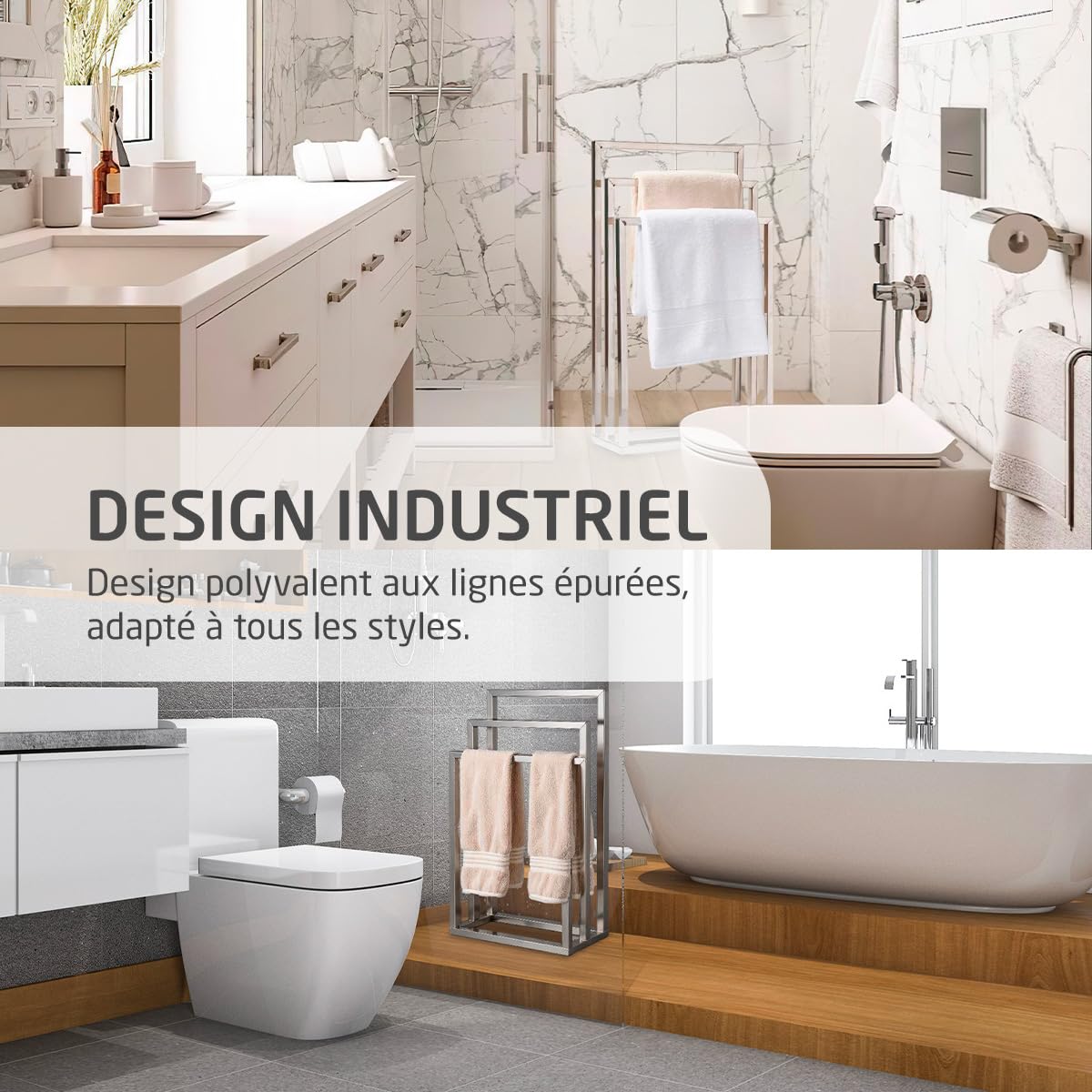 Amig – Porte-Serviettes sur Pied chromé avec 3 Barres métalliques – Support au Sol pour Serviettes de Bain – Style Moderne avec Finition Brillante et Base Stable – sans perçage