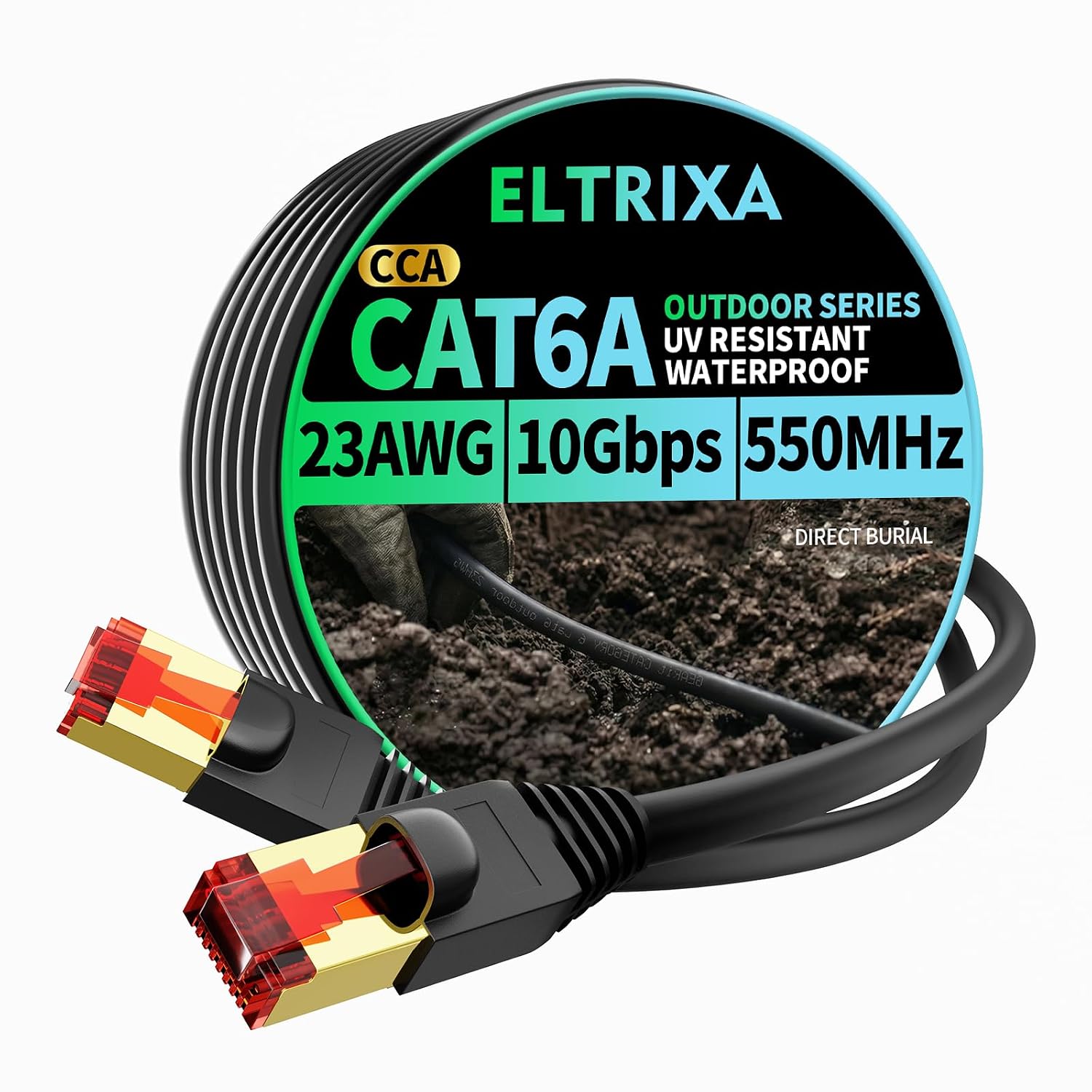Cat6A Ethernet Cable 100FT, Outdoor Direct Burial 23AWG High Speed Up to 10Gbps, LLDPE UV-Resistant Waterproof Jacket, CCA RJ45 Network Internet Cable - Black
