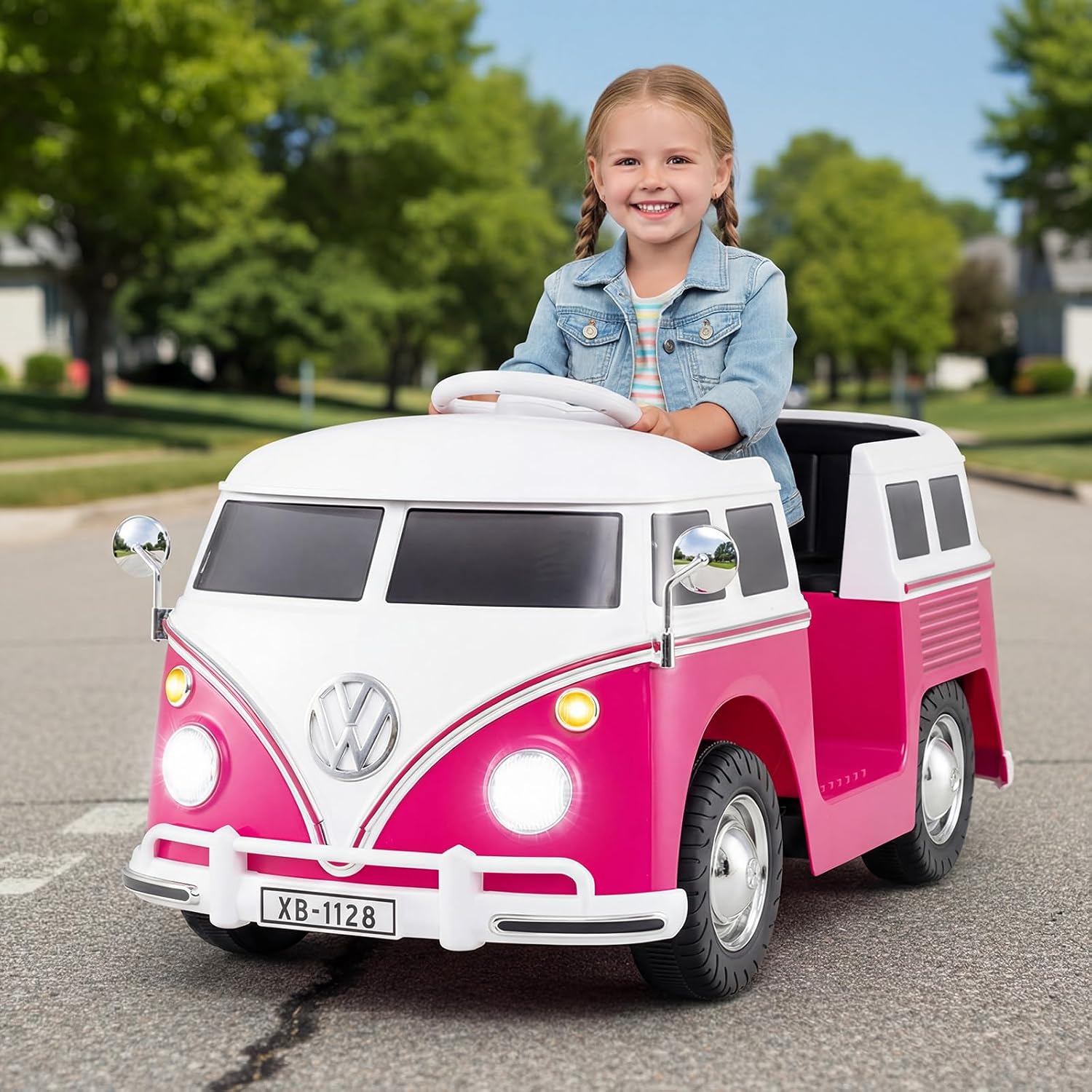 Costzon Ride On Car, 12V Licensed Volkswagen Kids Car Bus with Cup Holder, LED Headlights, Music & Horn, Electric Vehicle with Pedal Control, Soft Start & 2-Level Speed for Boys & Girls Aged 3+ (Pink)