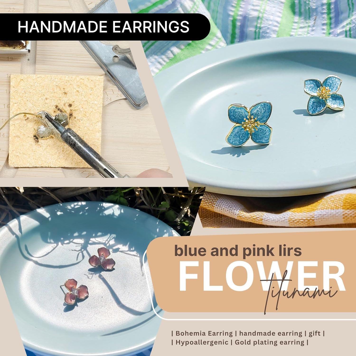 14K Gold Iris Flower Stud Earrings with Realistic Petals and Rhinestone White Crystal Enamel Design, 11mm x 20mm, Lightweight 2.4g, Comfortable Elegant Floral Brooch Jewelry for Women - Image 4