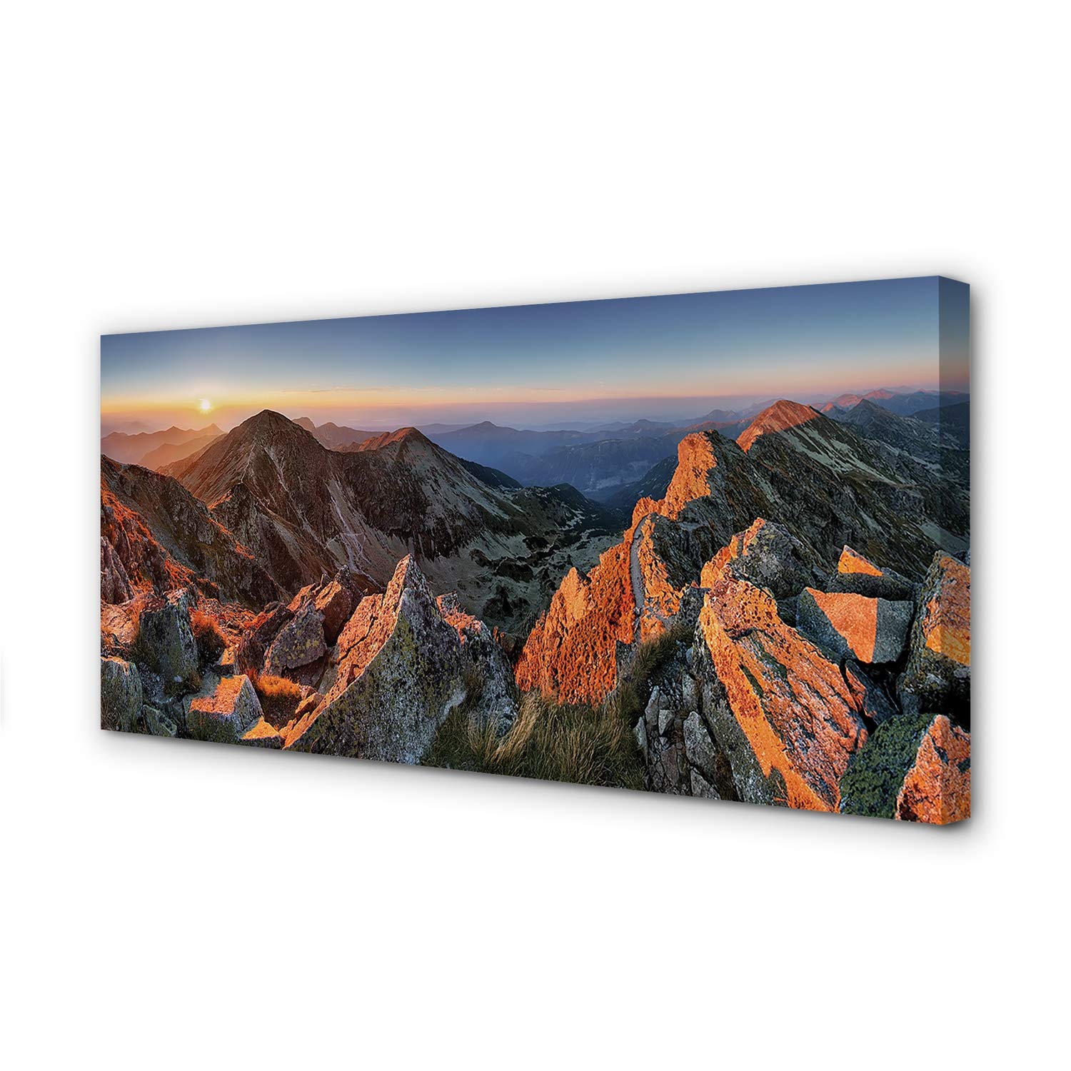 Peinture sur toile montagne au coucher de soleil pour un salon apaisant