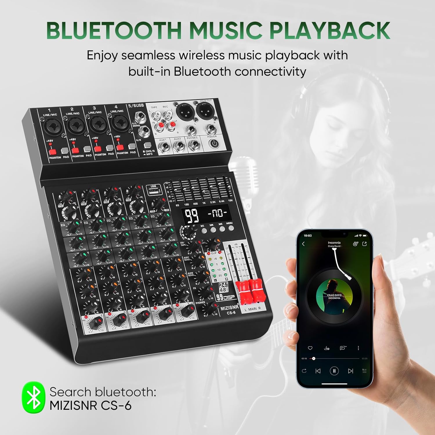 Audio Mixer 6 Channel Sound Mixer Console, Professional Music Mixing Board DJ Mixer w/ 99 DSP, 7-band EQ, USB, Bluetooth, 48V Phantom Power & PAD Function for Recording PA Live Streaming