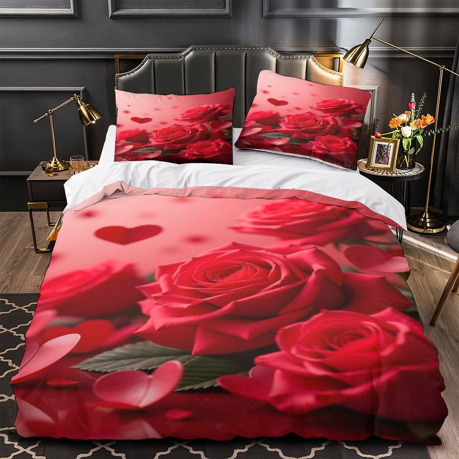 Housse de couette respirante et hypoallergénique imprimé roses 3D pour lit double 200x200cm