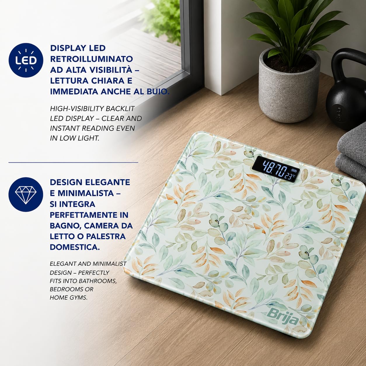 IPEA Bilancia Pesa Persone Digitale Ultra Sottile - [ Tecnologia STEP ON ] - Massima Precisione Peso - Design Floreale - Bilancia in Vetro Temperato con Display misurazione precisa 0,1 KG - Max 180Kg