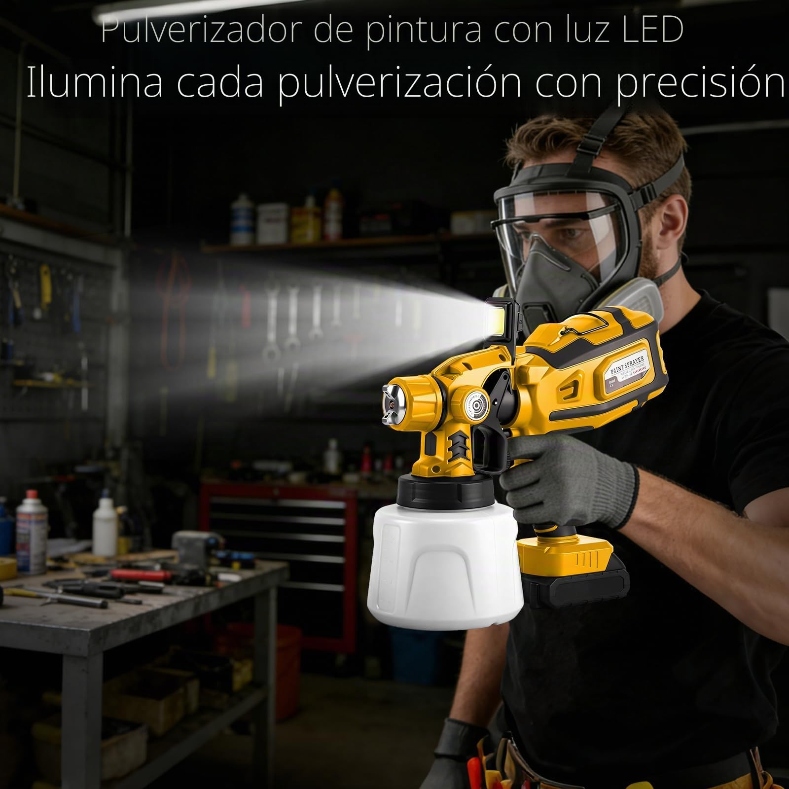 Pulverizador de Pintura Inalámbrico con LED para Dewalt 20V (sin batería) | 200W, Sistema de Pintura Eléctrico, Depósito 1,4L, 3 Patrones, 5 Boquillas, Cepillo, Guantes, Gafas